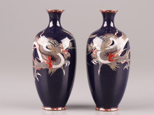 2pcs Cloisonne Enamel Vase Jar Dragon w/Box H5inch Meiji Period Japanese vintage