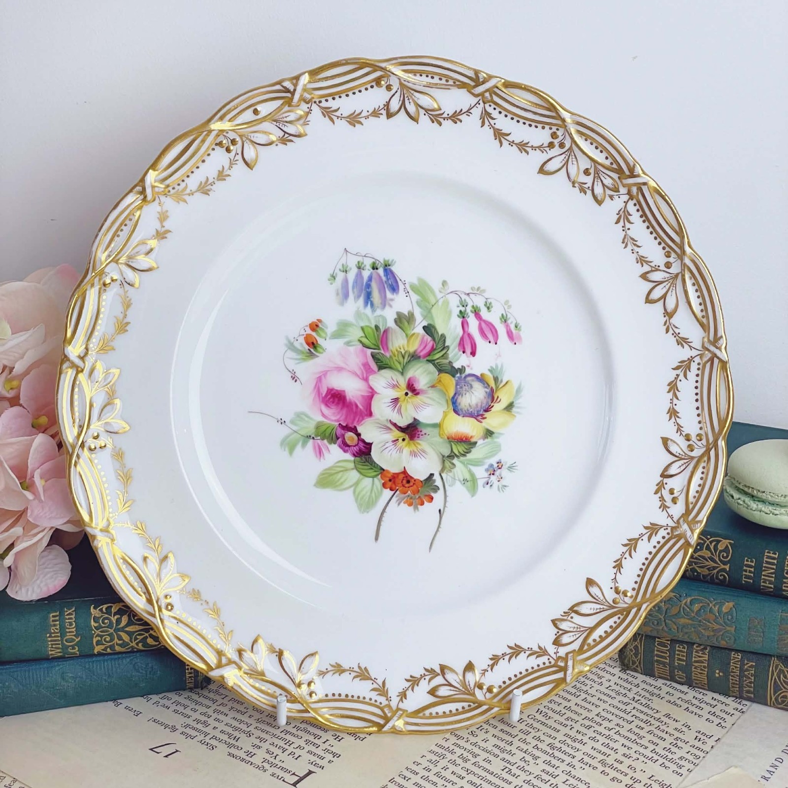 Antique Coalport John Rose dessert plate, handpainted summer flowers, c1847
