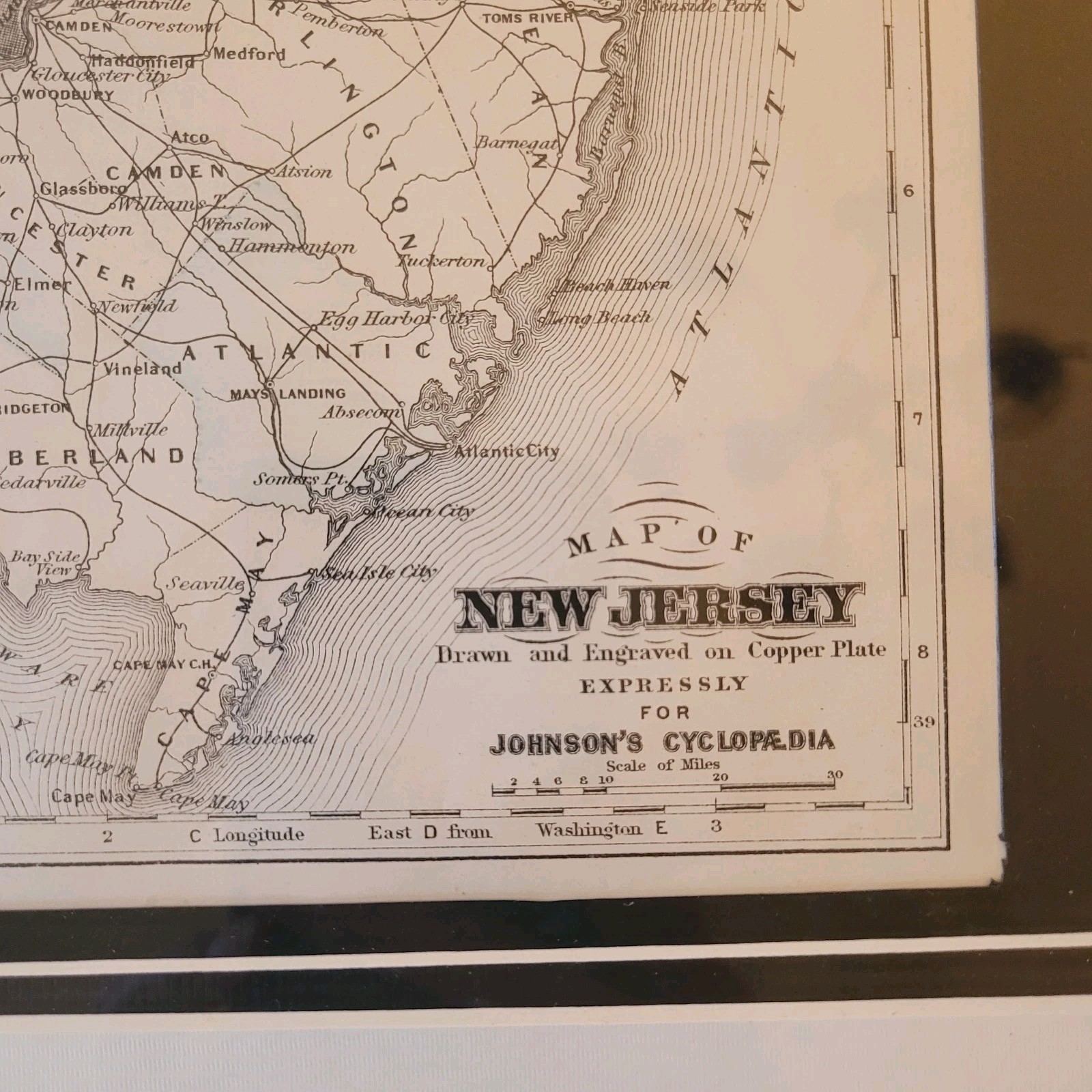 Framed 1896 Antique AJ Johnson Cyclopedia Hand Colored Map of New Jersey State