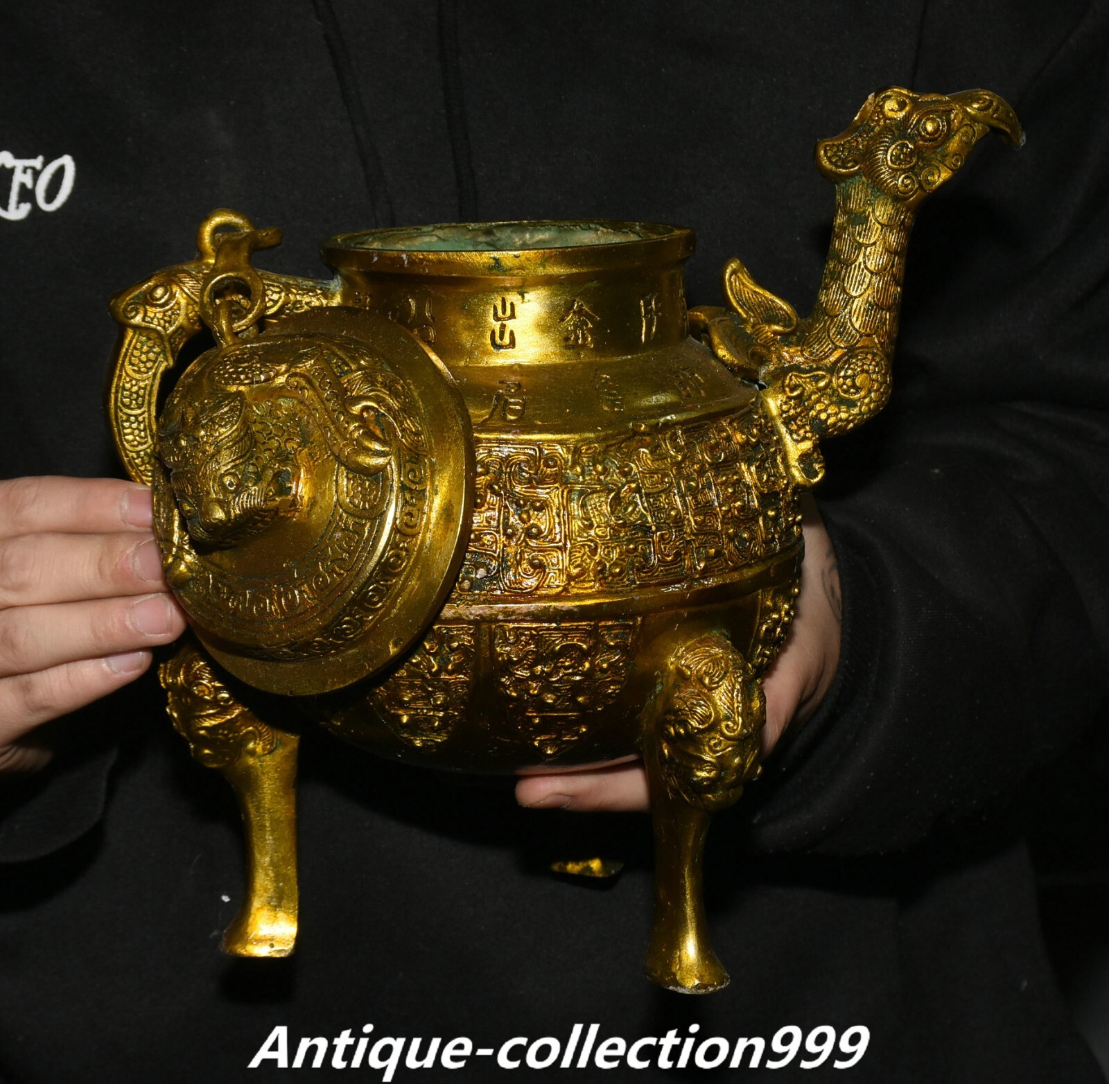 11″ China Dynasty Bronze Ware Gilt Inscription Dragon Beast Wine Tea Pot Flagon