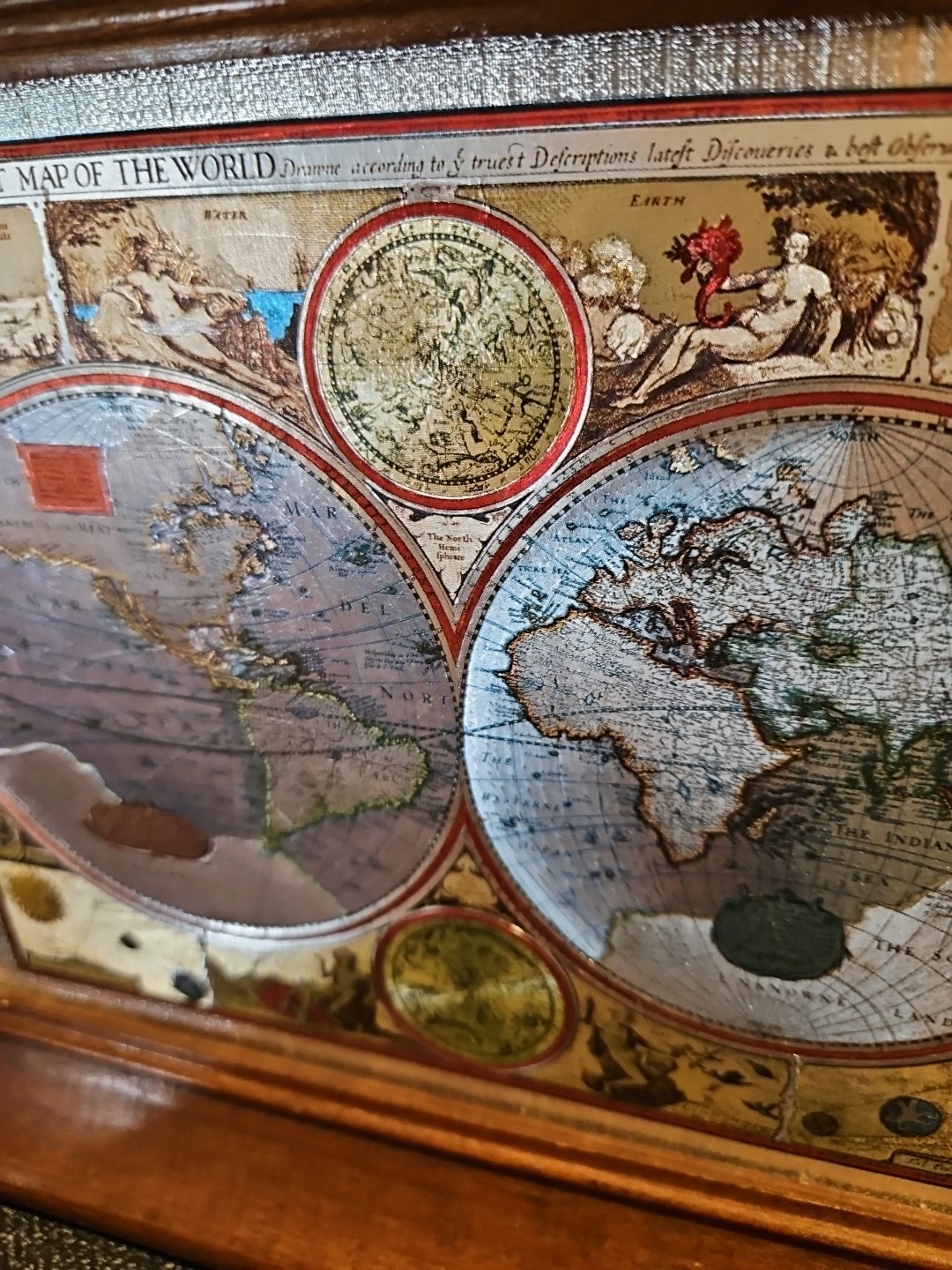 Vtg John Speed 1651 World Map Foiled Reproduction Framed 6×8 in 10×8 Wood Frame