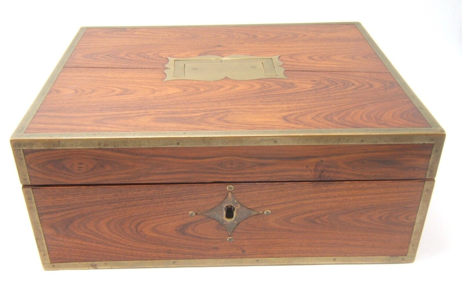 ANTIQUE ENGLISH WOOD BOX FLAMED WOOD BRASS INLAY VGC