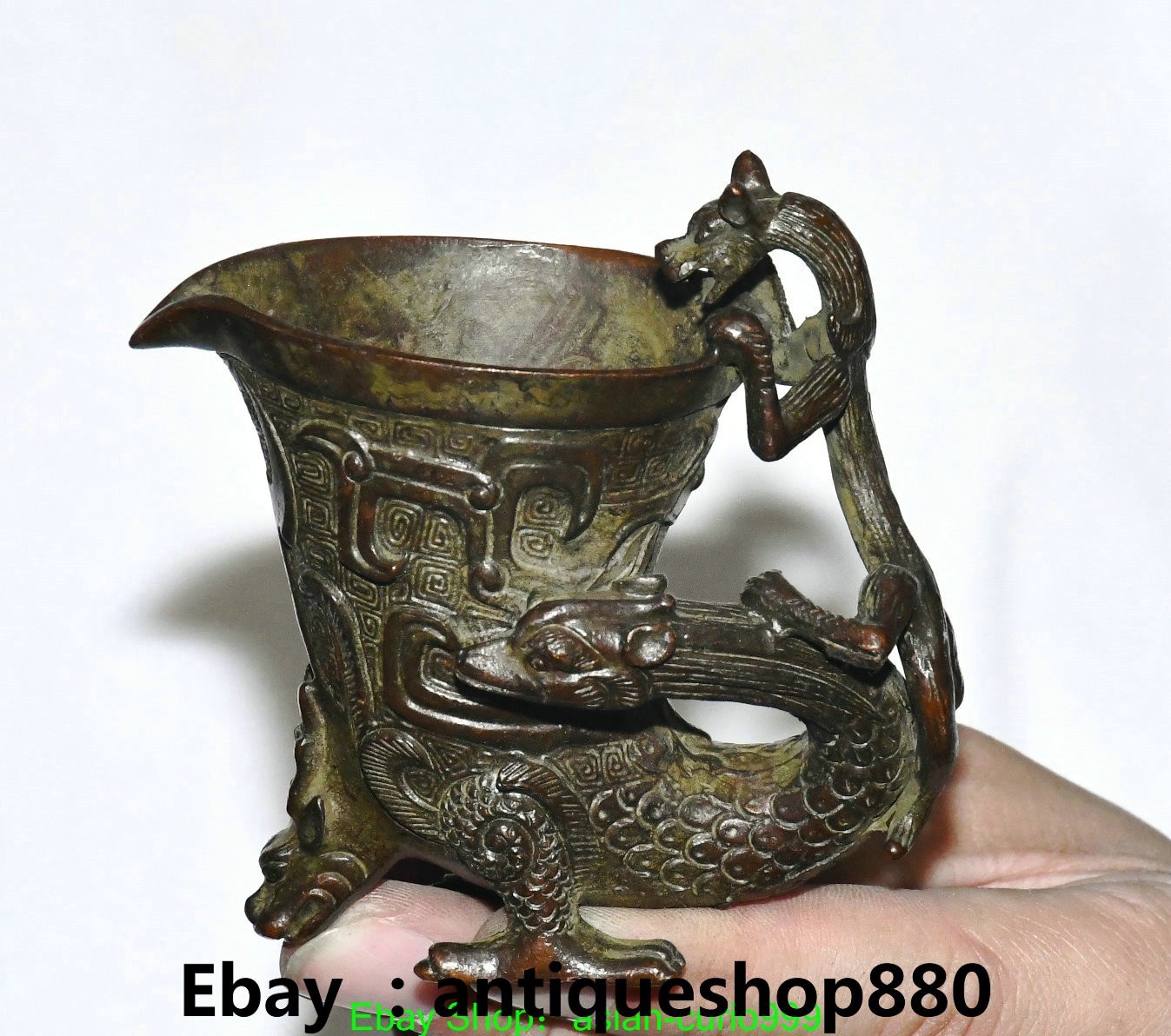 3.5”Old Chinese Dynasty Bronze Phoenix Bird Drinking Wine Cup Mug Statue