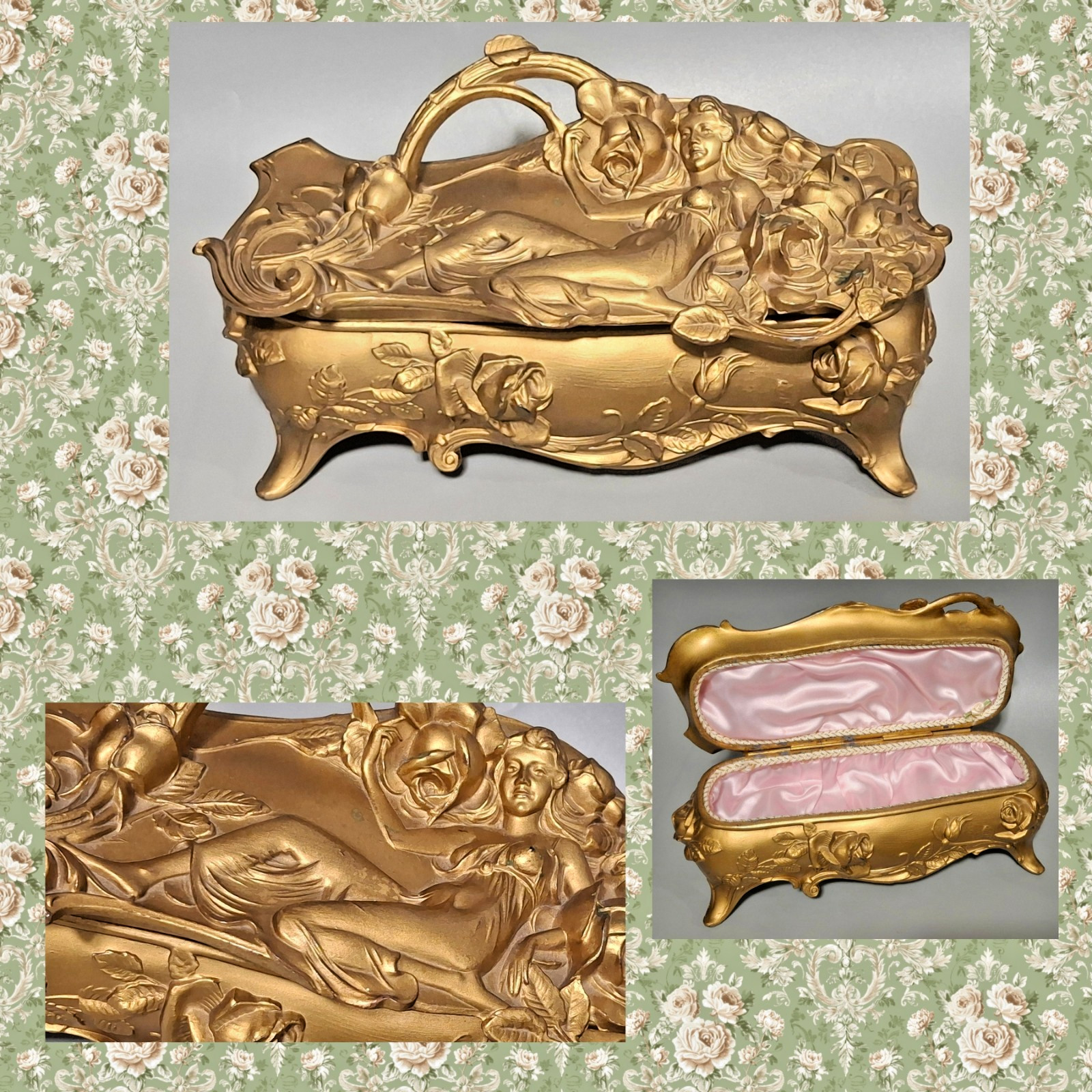 Antique Weidlich Brothers Art Nouveau Jewelry Casket Lady Roses Large 11″ x5.75″