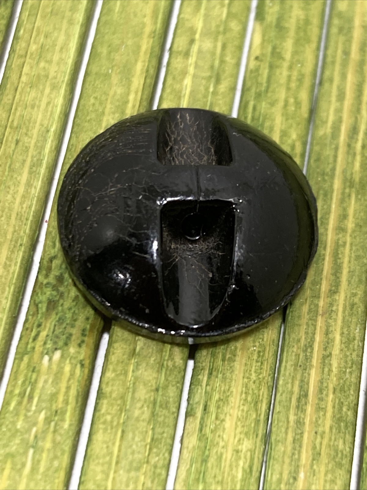 Antique Jet Black Glass Button Flat Face Zig Zag Etched Tunnel Shank 5/8″