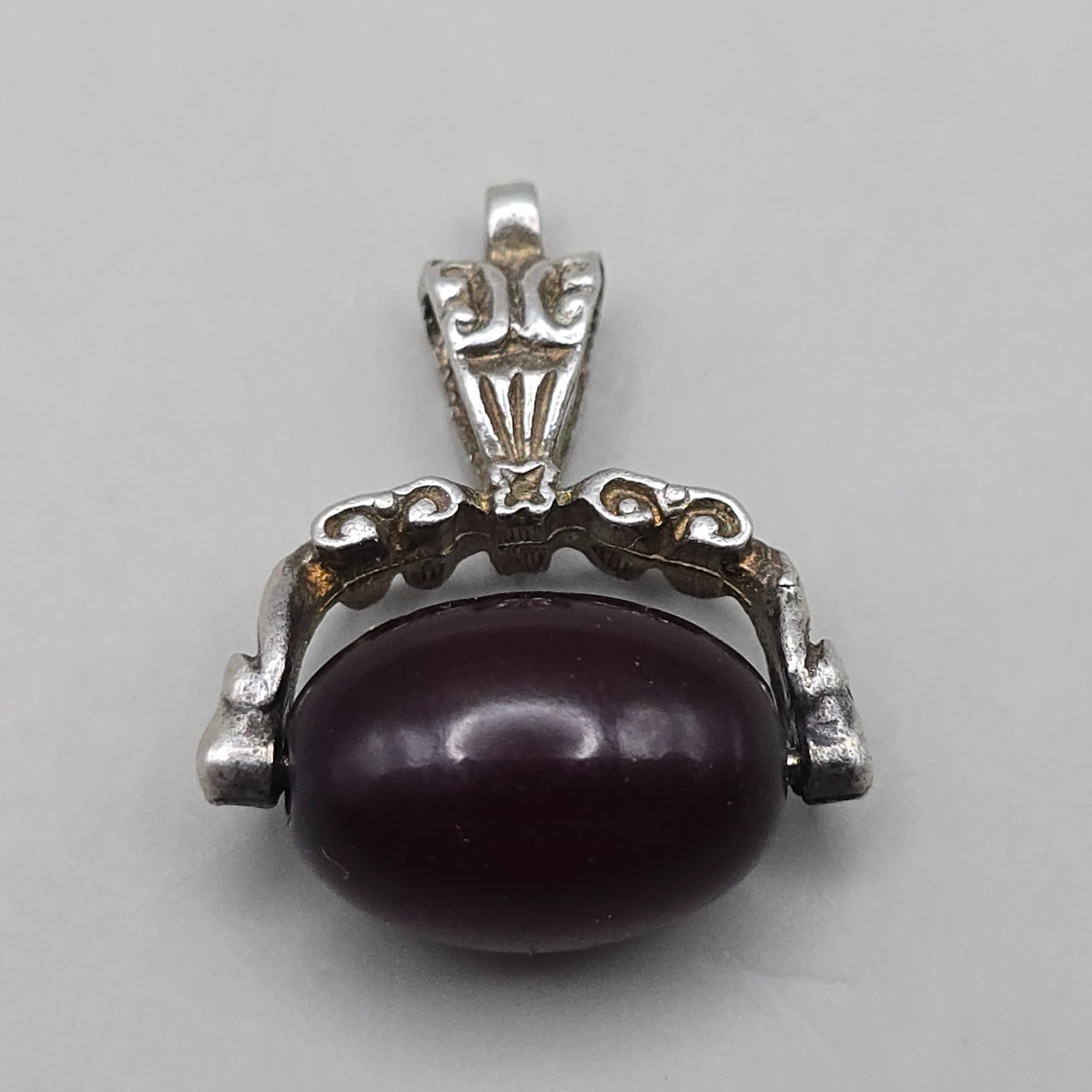 Antique Solid Silver & Cherry Bakelite Swivel Fob Pendant