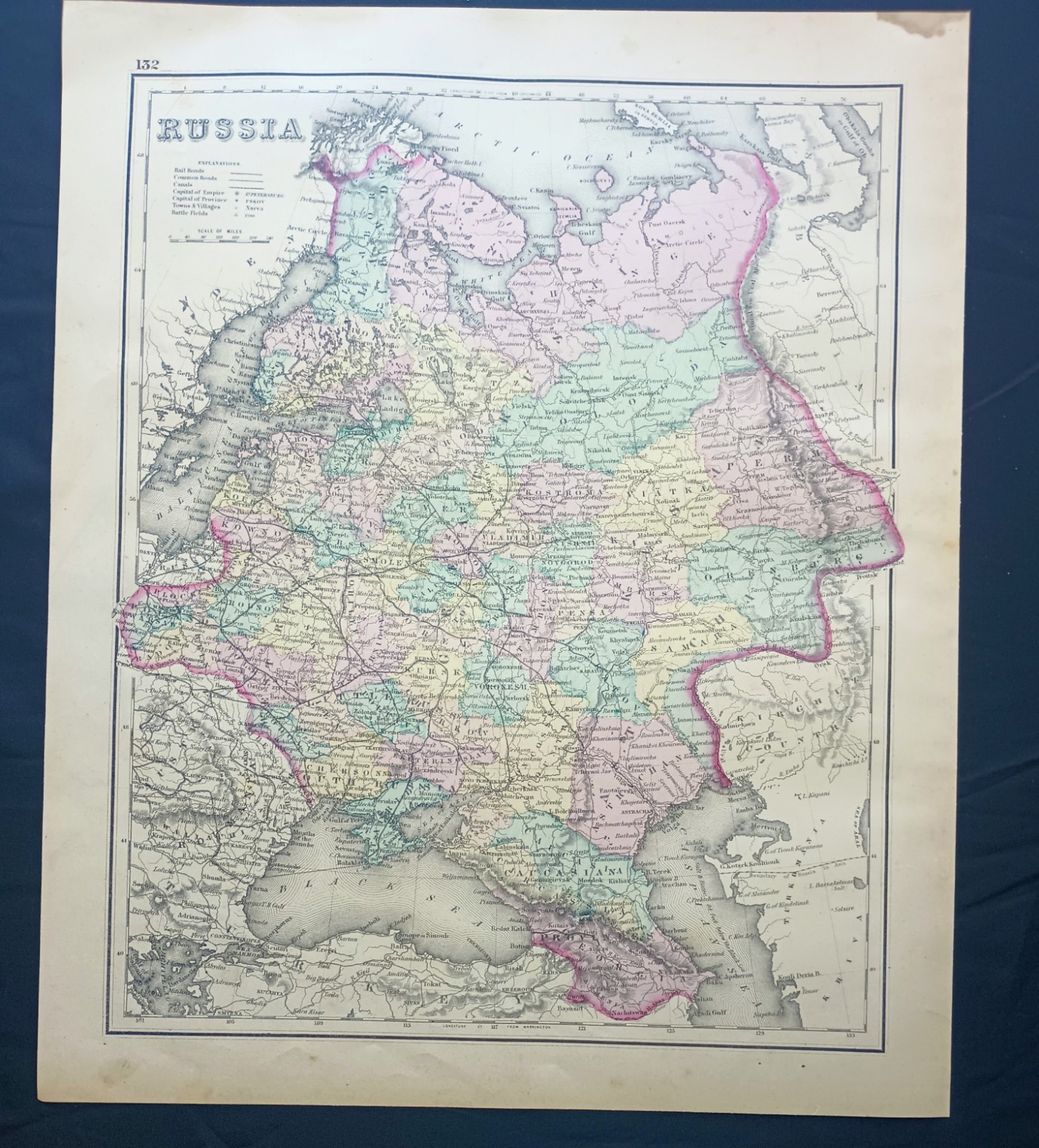 1876 ORIGINAL RUSSIA & SPAIN-PORTUGAL O.W. GRAY Atlas Map 14×17 M.R. BROWN & CO