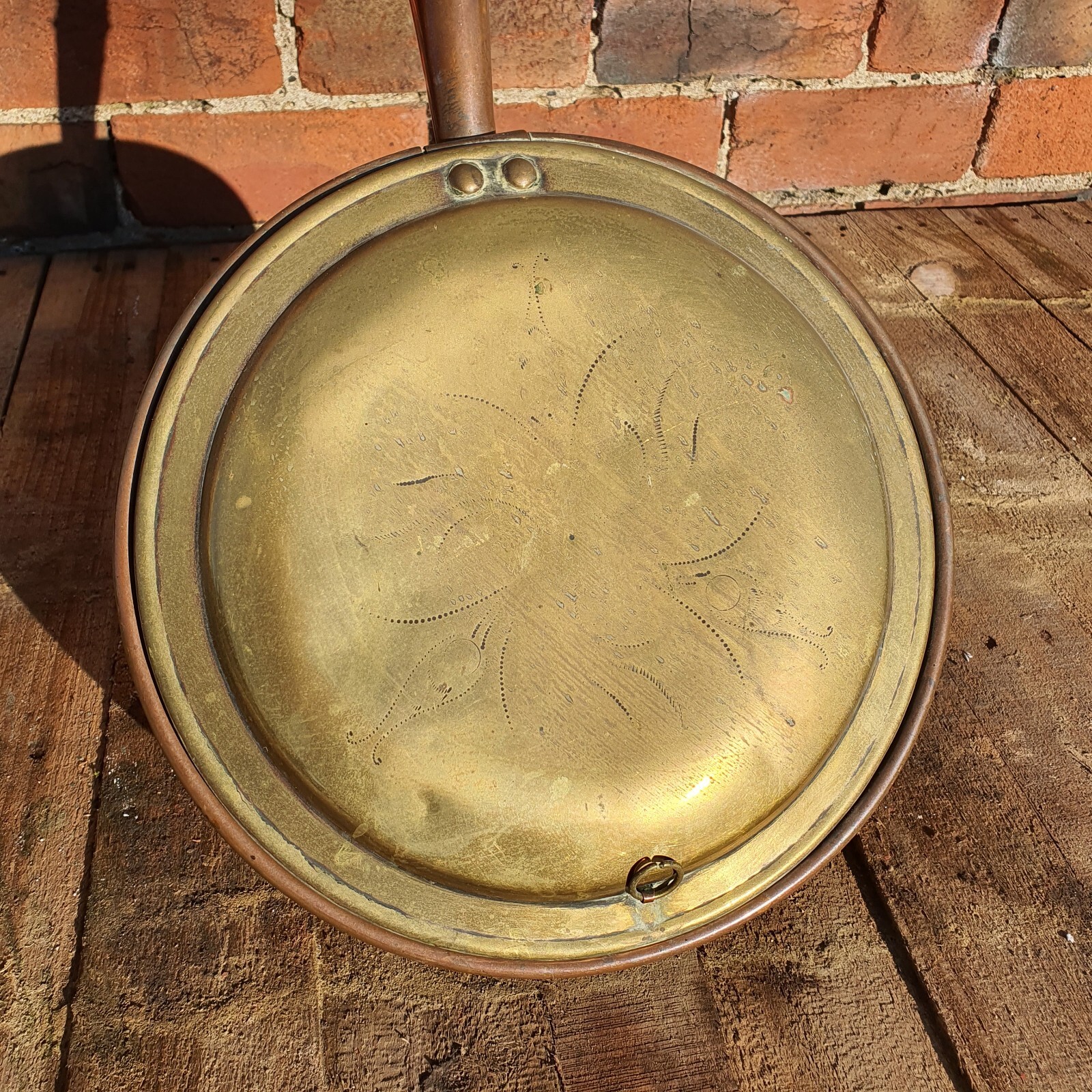 Copper/brass Bed Warming Pan Turned Hardwood Handle, Hook And Flora Detailing.