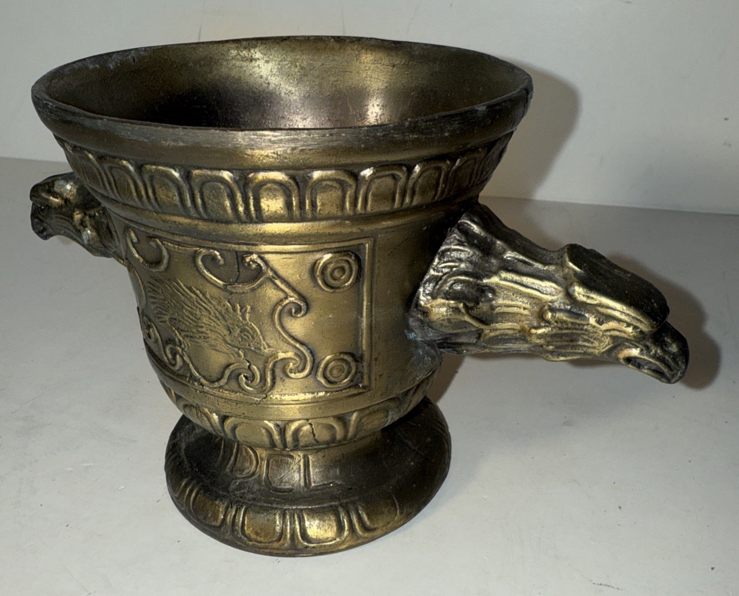 VTG Brass Heavy Mortar Eagle Head Handles Shield Pharmaceutical Hedgehog Rx