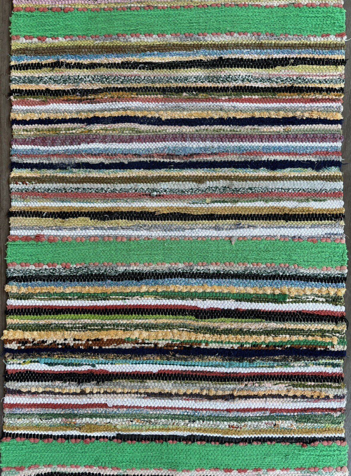 Scandinavian Style Antique Hand-knotted Striped Bright Green Rag Rug 117” x 27”