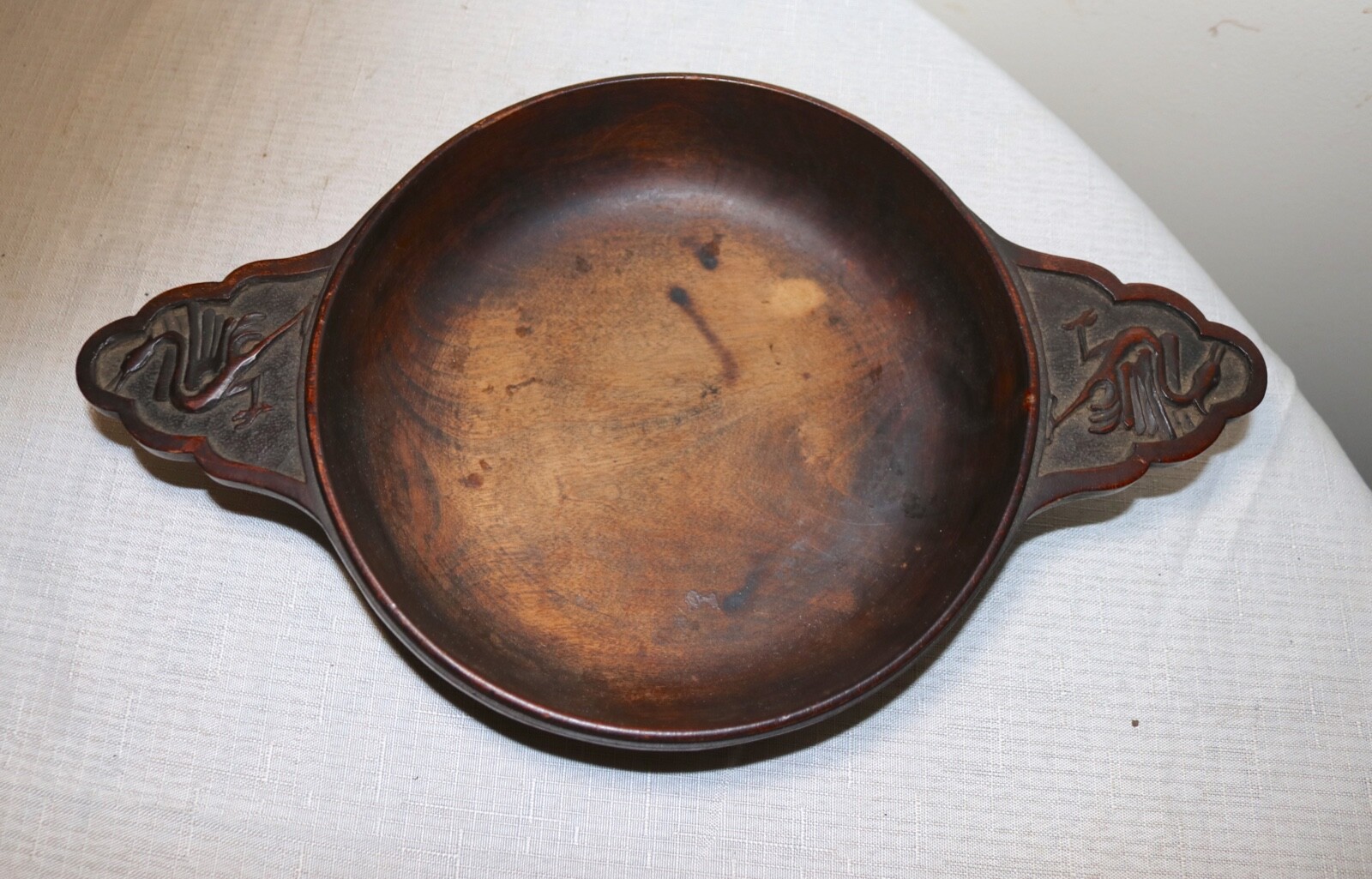 antique hand carved wood Folk Art dough bread bowl figural griffin handles ,