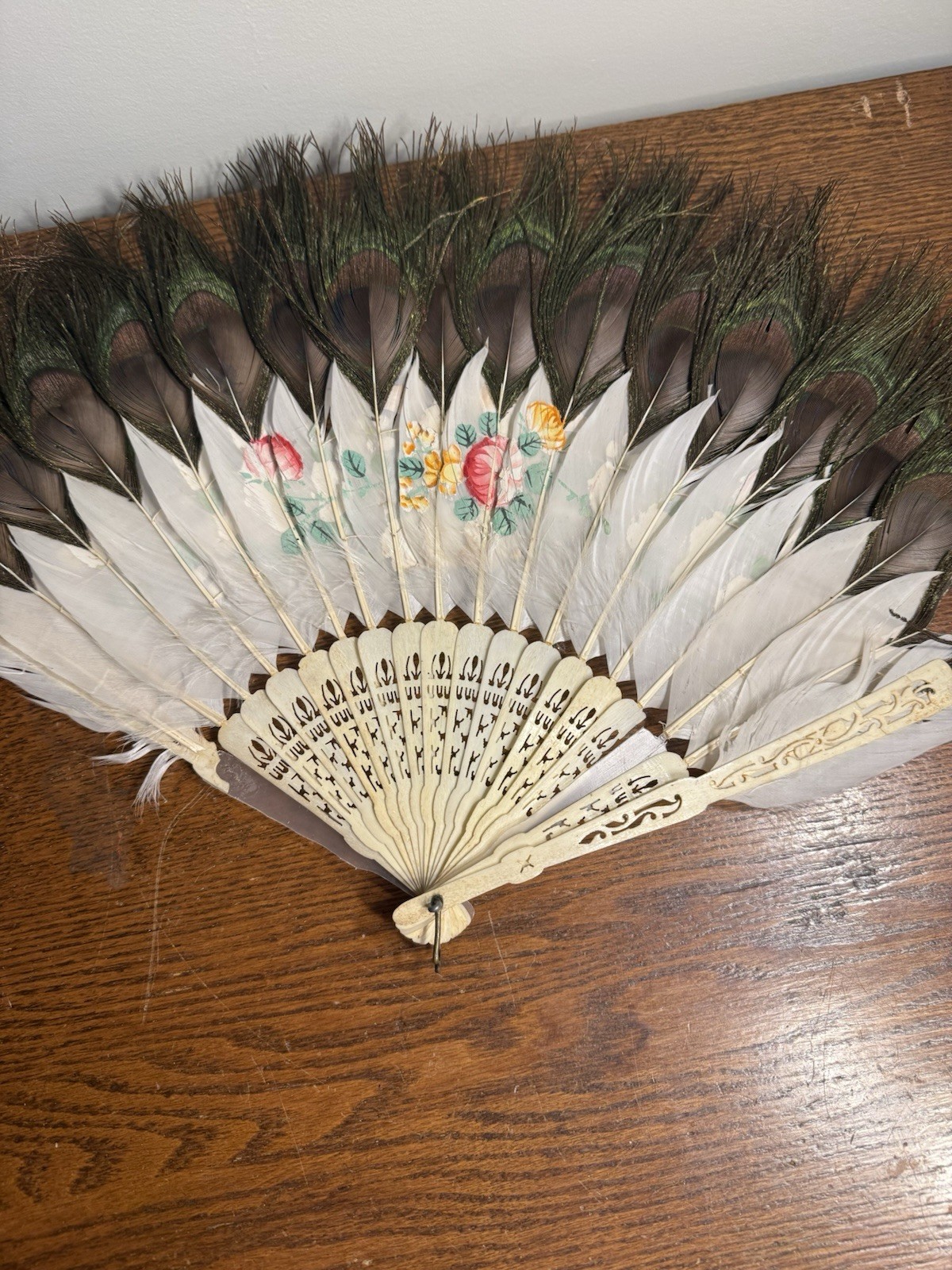 Antique Chinese Painted Peacock Feather Fan With Carved Sticks