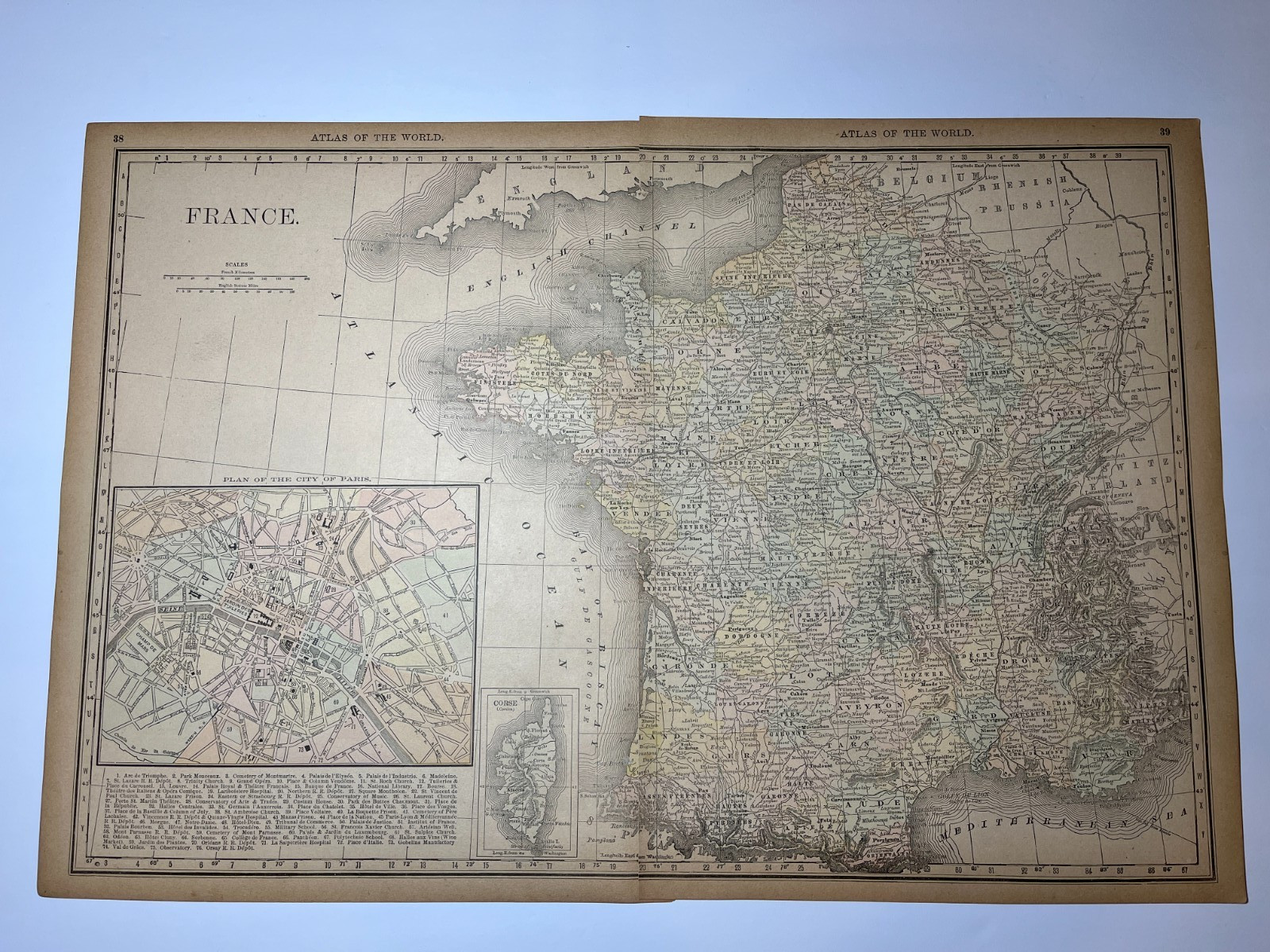 1890 2-Piece Map of FRANCE Fm 1890 Rand-McNally Atlas SEE PICs & DESCRIP