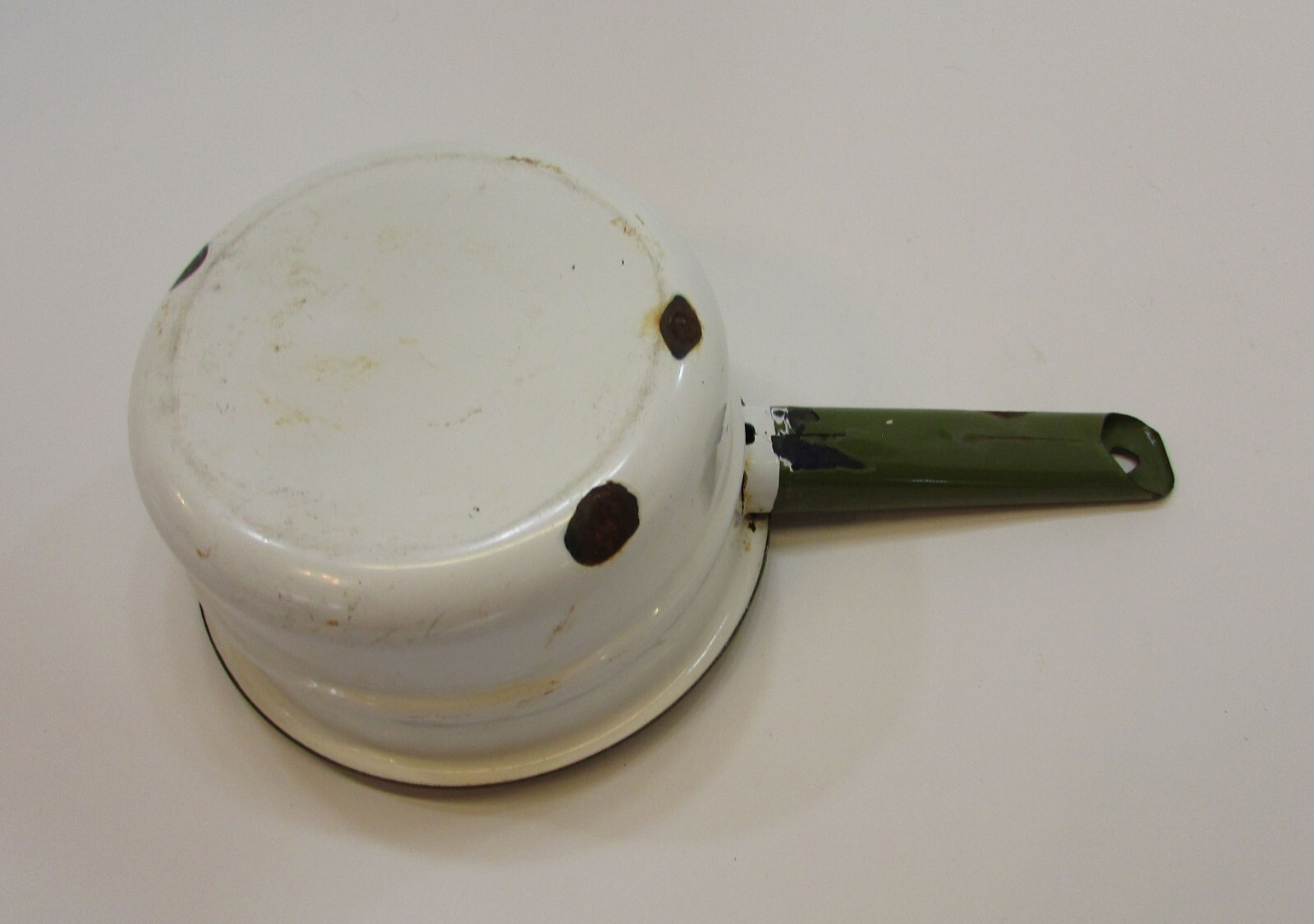 Primitive Old 1950s White Green Handle Enamelware Vintage Double Boiler Top Only