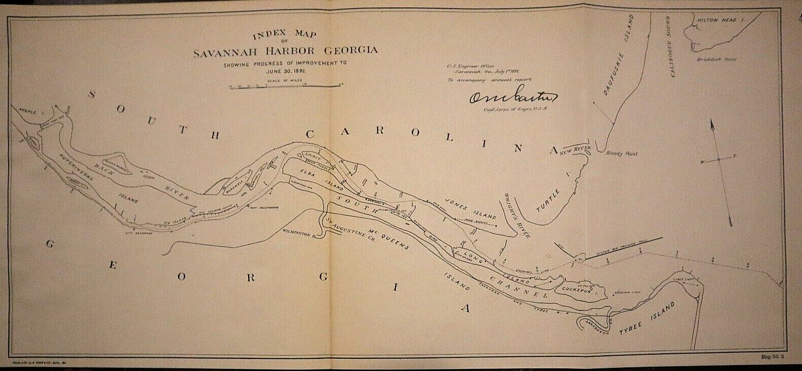 1892 Nautical Chart ~ SAVANNAH HARBOR GEORGIA – ELBA & LONG ISLAND – HILTON HEAD