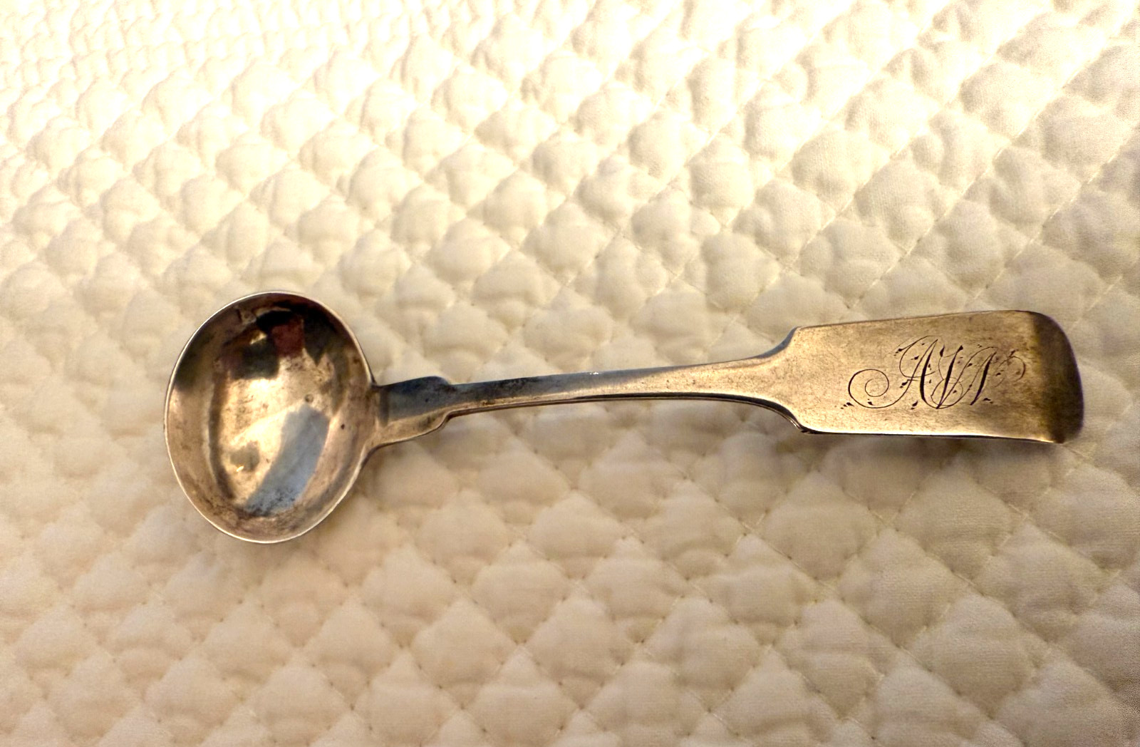 ANTIQUE 1835 COIN SILVER E. STEBBINS & Co. NEW YORK FIDDLE CONDIMENT SALT SPOON