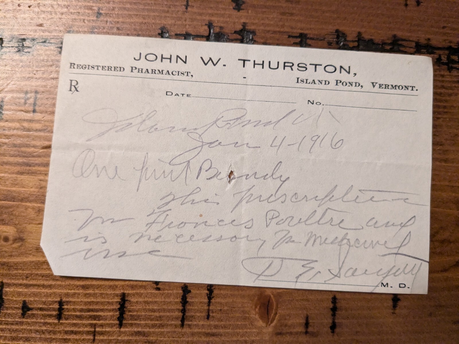 Antique Alcohol Prescription Dated 1916, Island Pond Vermont Ab