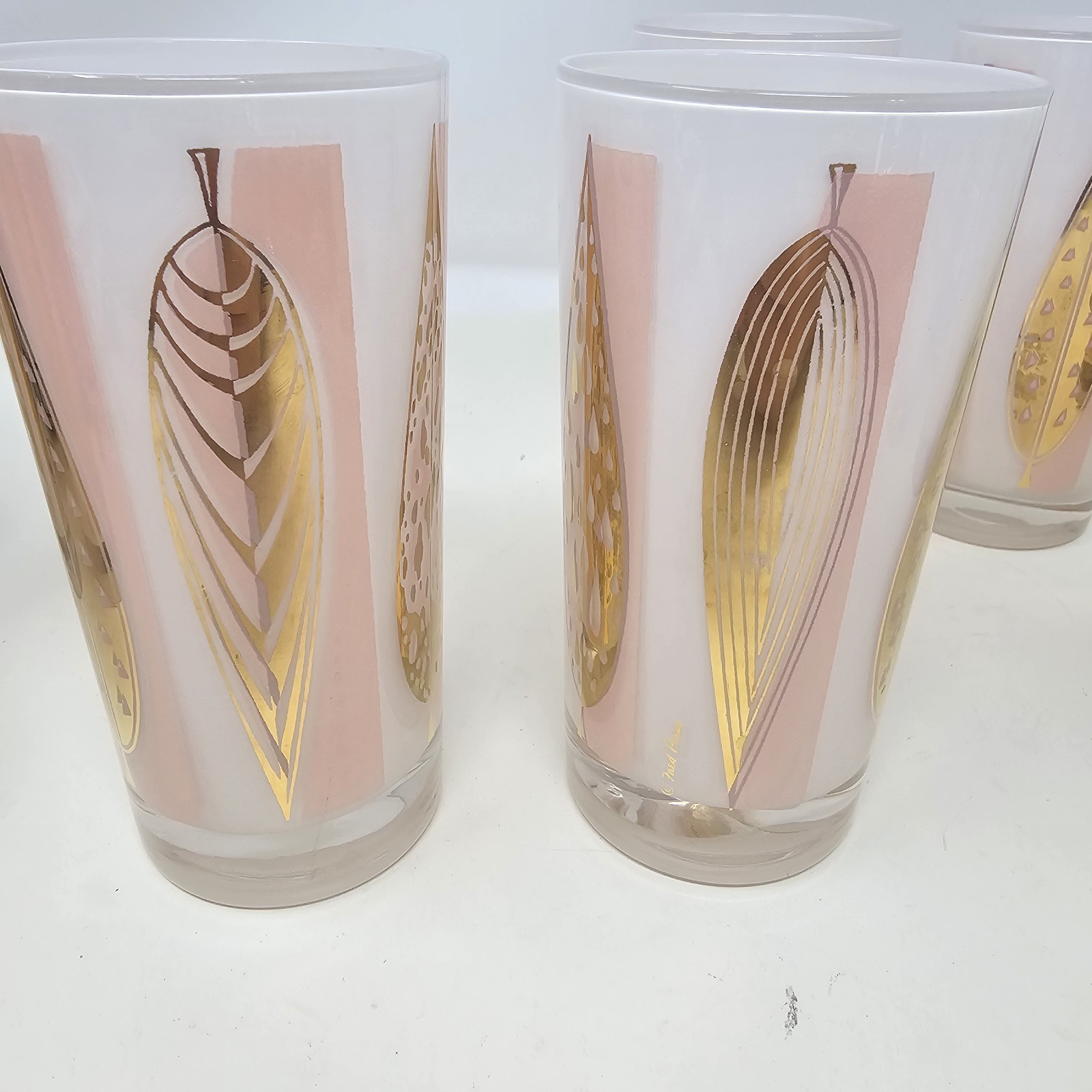 Mid-Century Fred Press Signed 22-Karat Pink Gold Leaves Glasses – Set of 8