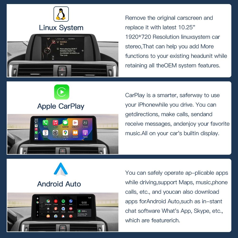 Android Auto/Wireless Carplay for BMW 1 2 series F20/F21/F22/F23/F25/F26 Screen