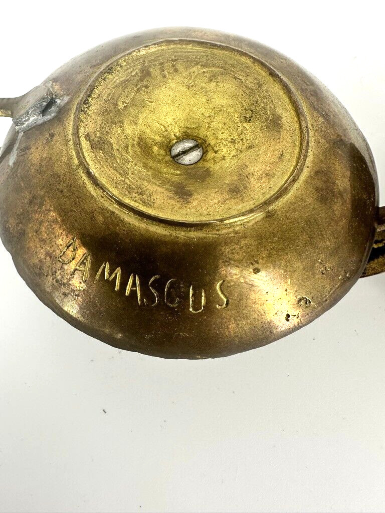 ANTIQUE PRIMITIVE PAIR Signed DAMASCUS Brass Chamberstick Thumb Rest/Finger Loop