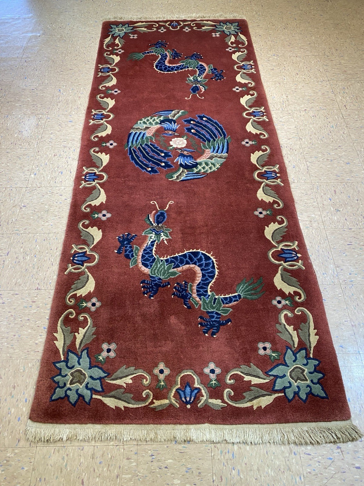 c1950’s ANTIQUE MINT ART DECO DRAGON DESIGN CHINESE NICHOLS RUG 3’9” X 10’6”