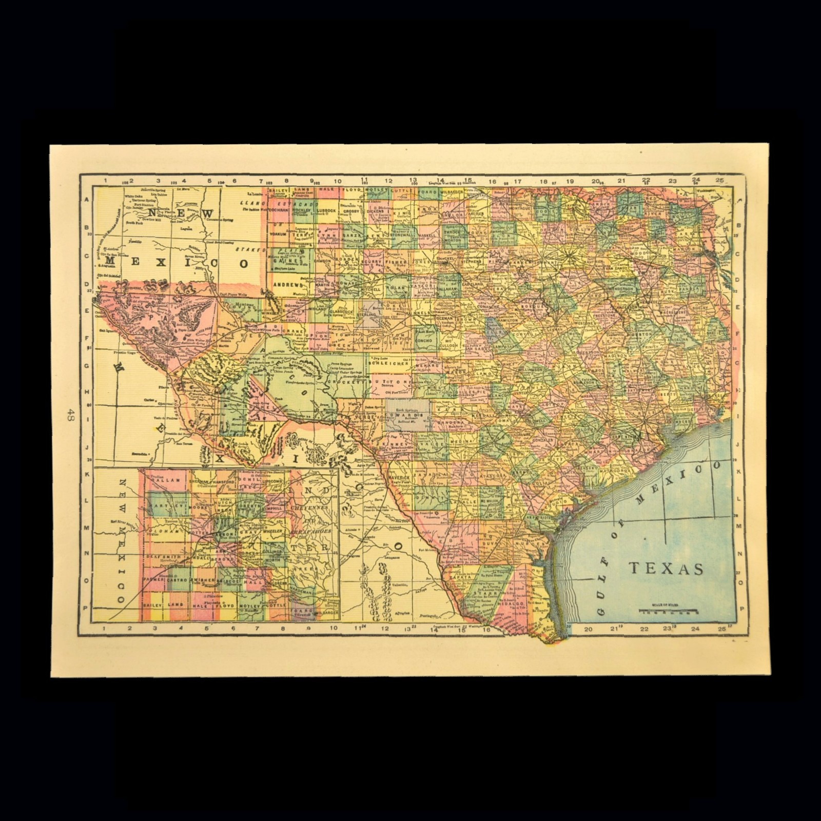 Antique Map of TEXAS Wall Art Old Original Galveston Austin Houston Vintage