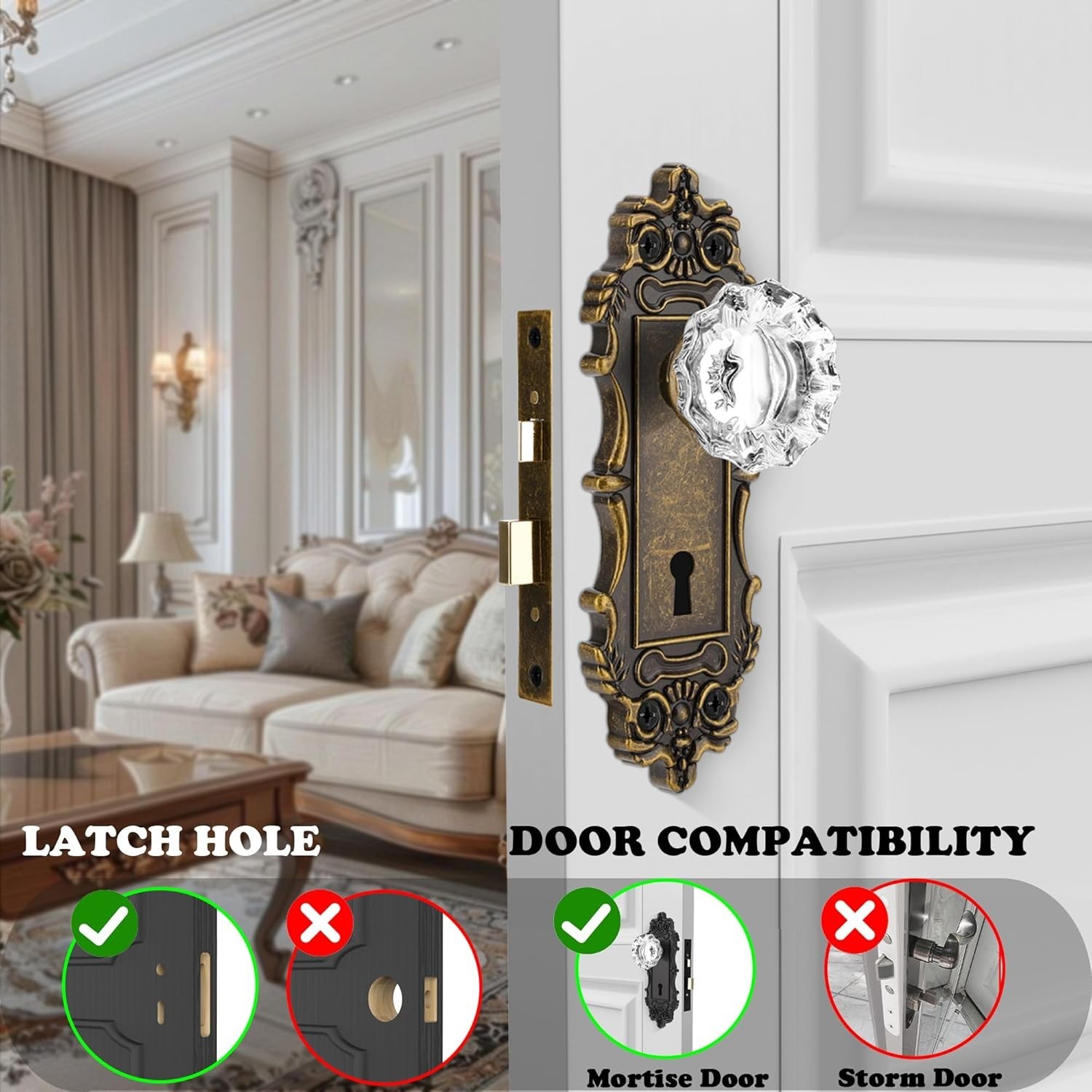 Antique Brass Glass Door Knob Set with Mortise Lock for Interior Doors, Vinta…