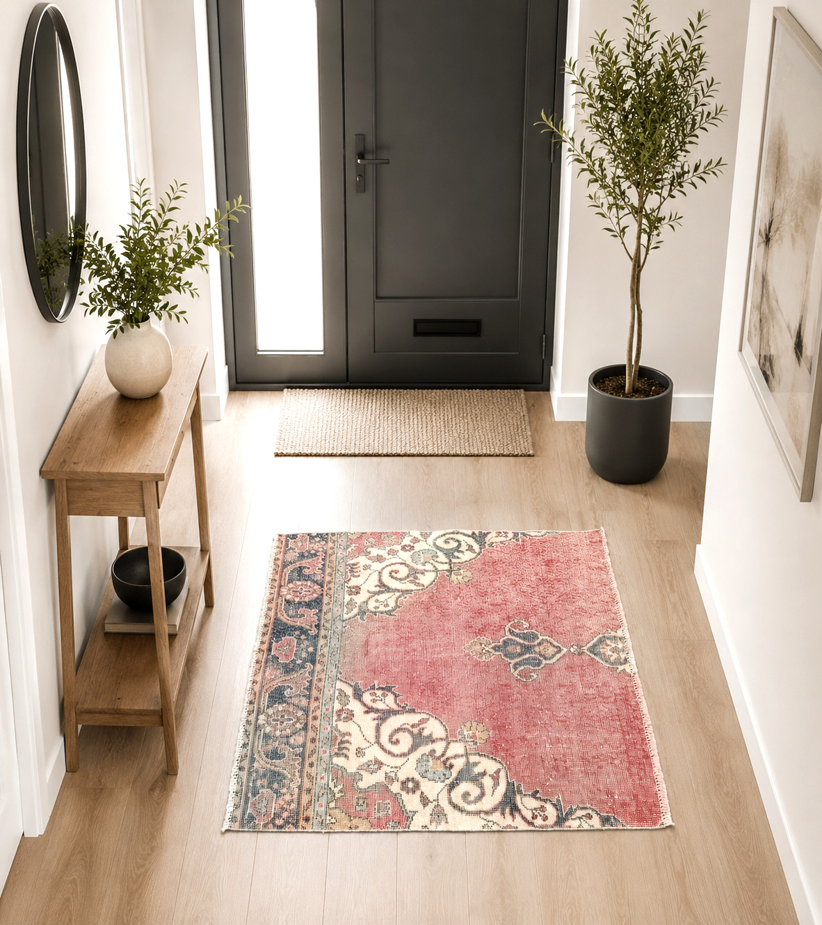 Red Turkish Vintage Front Door Carpet, 3.8×4.3ft, Antique Handmade Oriental Rug