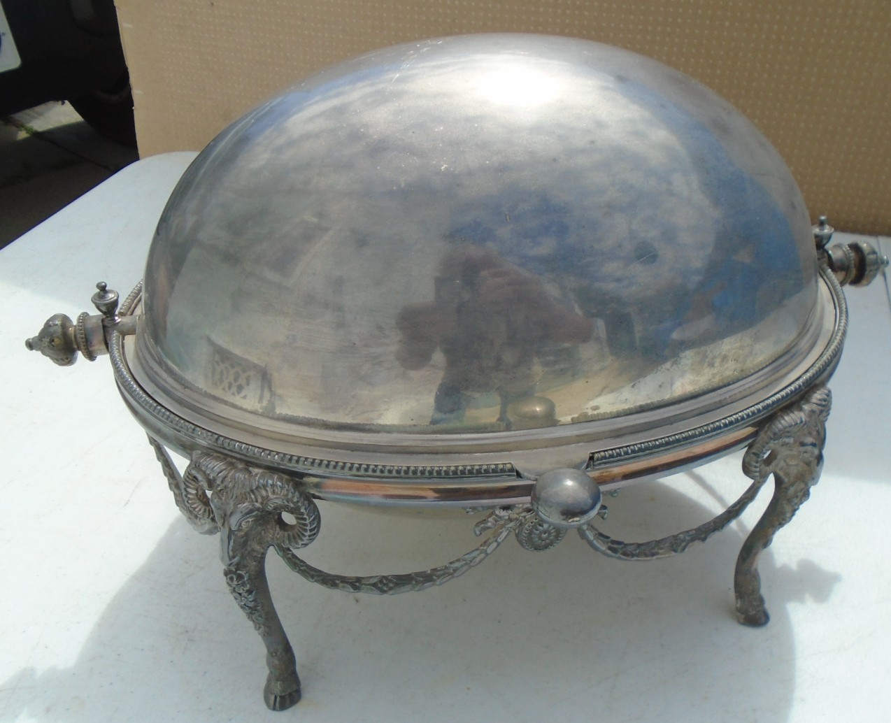 Breakfast Warmer Rams Head Foot 8646 Rolltop England Silverplate