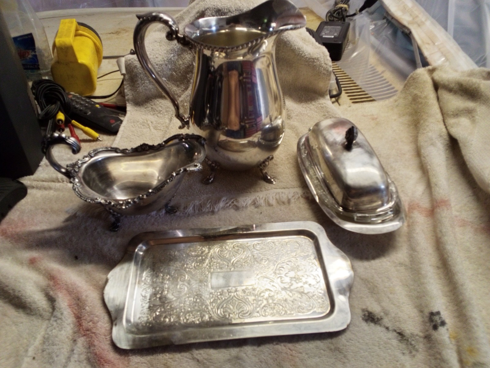 Cresent Silver Plate 8.5″ Pitcher / Rogers Tray & Misc plate silver items