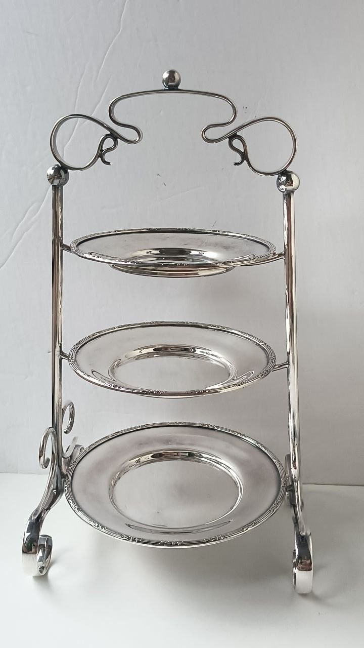 Antique England Edwardian Art Deco Three-Tier Silver Plated Cake Stand