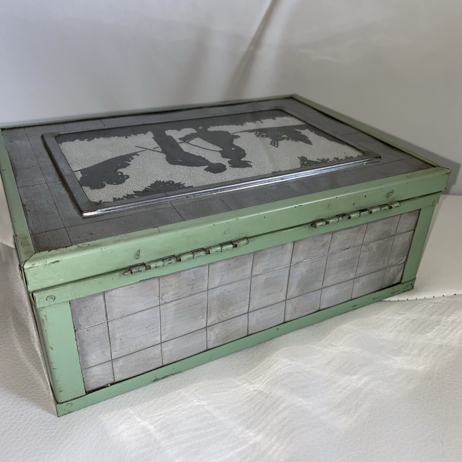 ART DECO CHROMIUM DRESSER JEWELRY BOX SILHOUETTE GREEN METAL WOOD INTERIOR 1920s