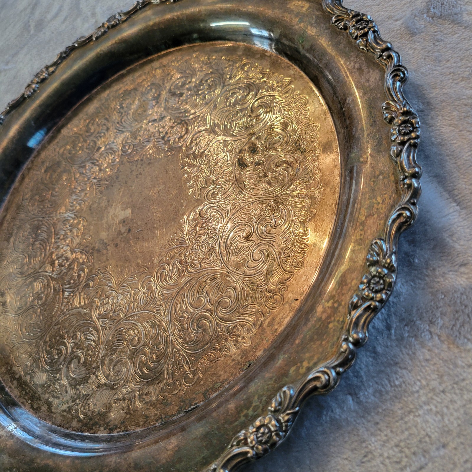 Vtg Silver Plated Serving Tray Ornate Edge Scroll Designs USA Cottagecore Patena