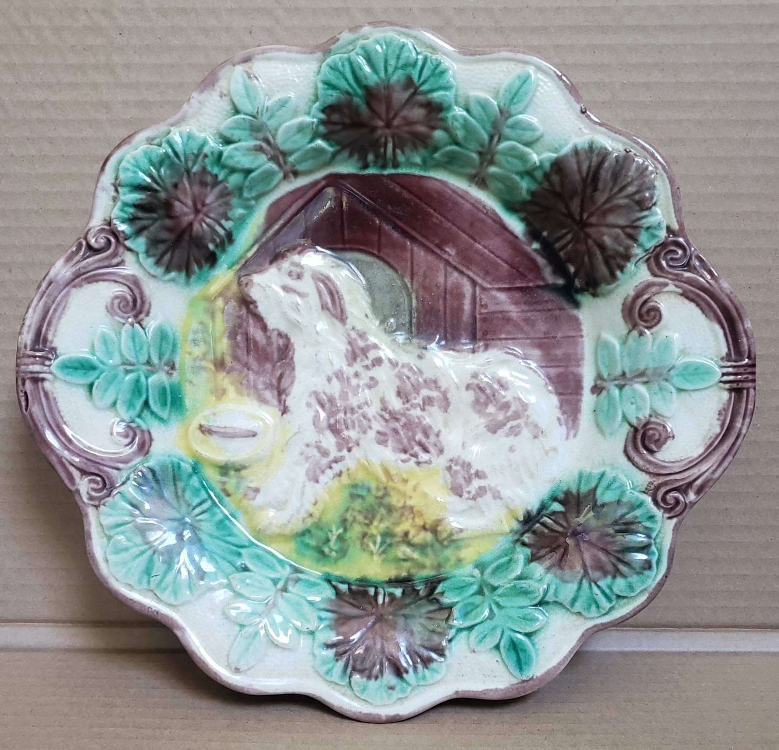Antique Victorian Majolica Plate Dog & Kennel Relief, 11”, c.1880