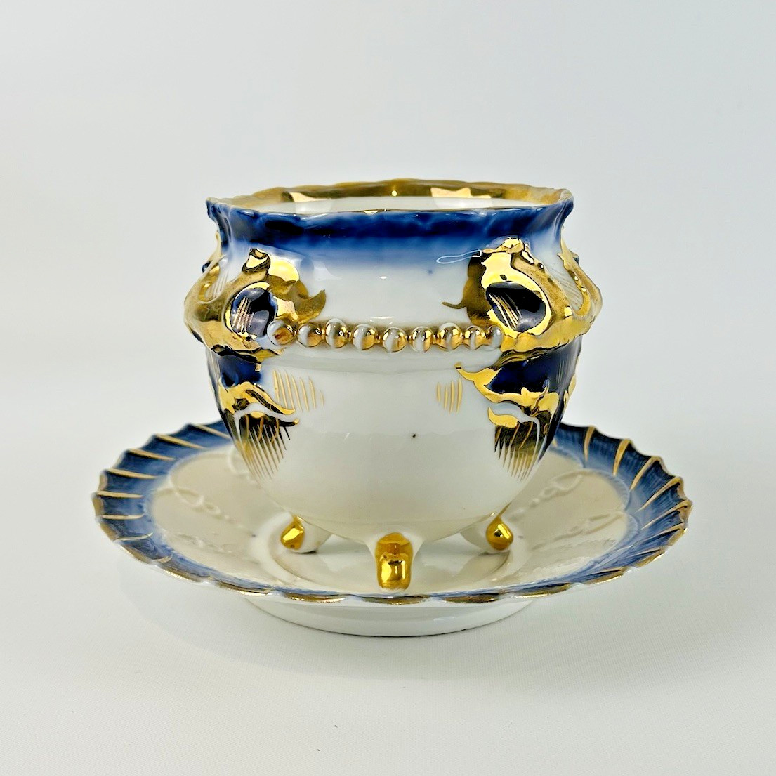 Antique Porcelain Large Footed Breakfast Cup & Saucer Cobalt Blue & Gold Ornate