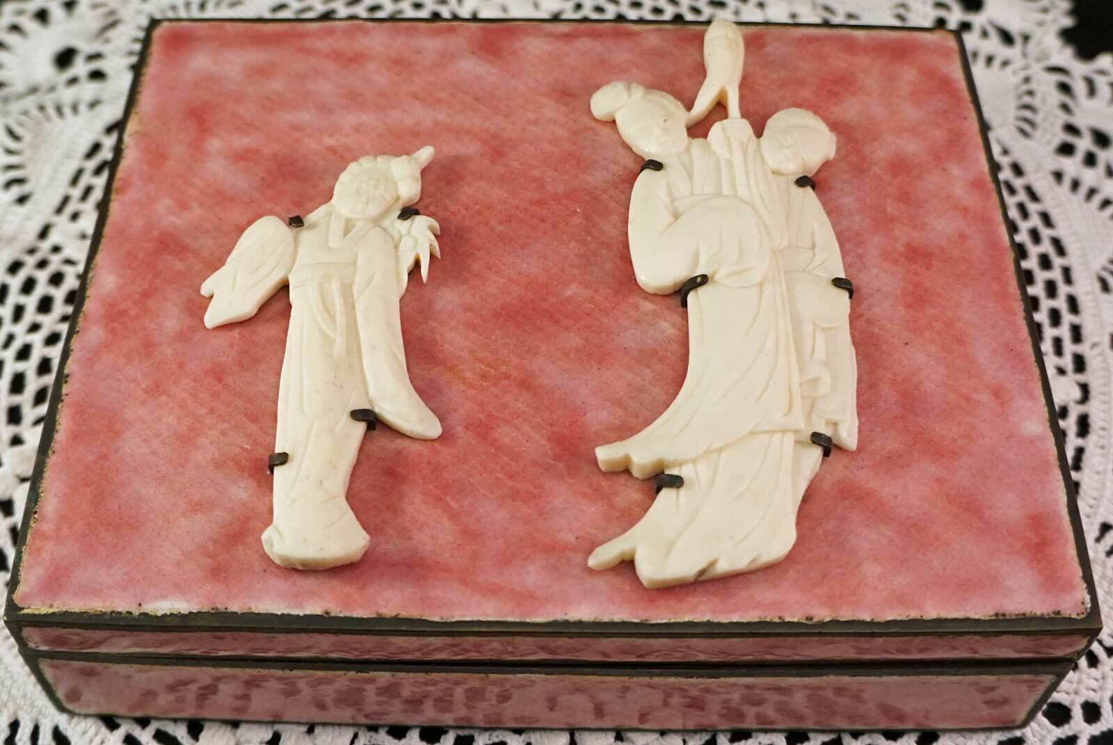 Pink Enamel over Bronze Box with Carved Geishas Inside lined with Wood