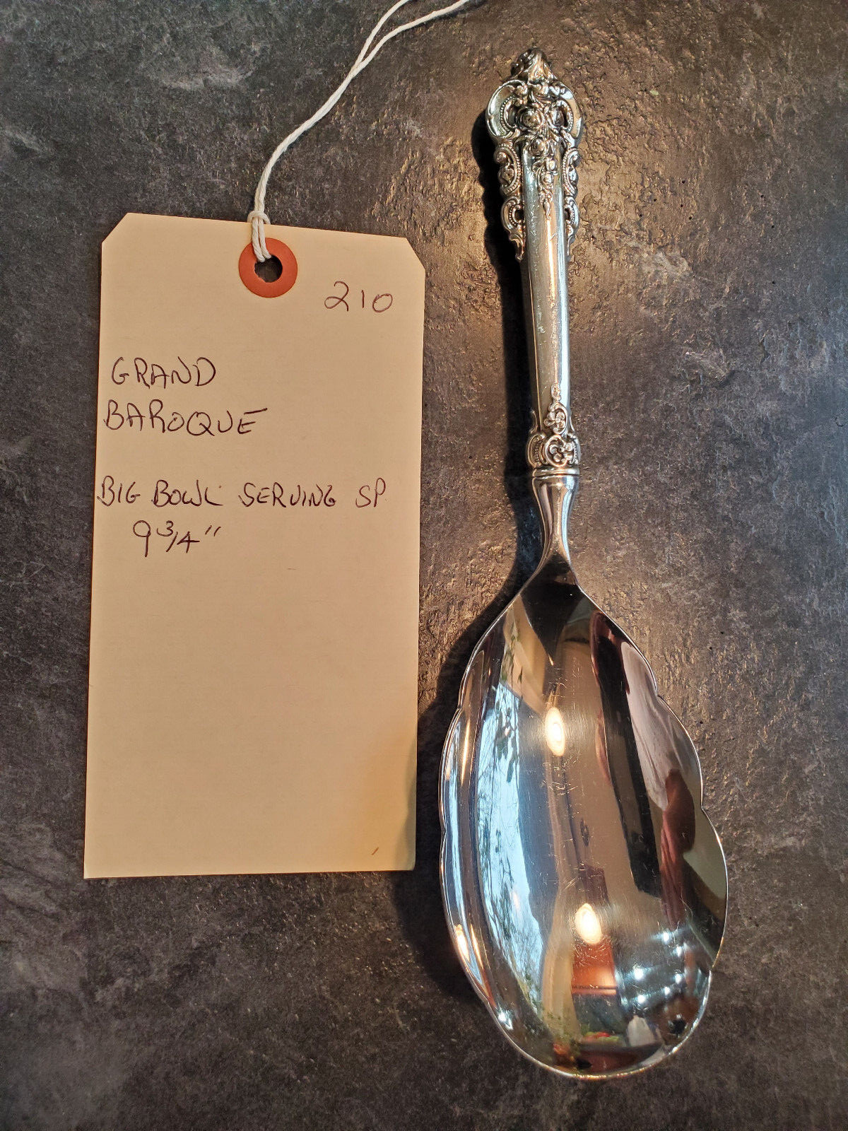 GRAND BAROQUE LARGE BOWL SERVING SPOON 9 34″ STERLING HANDLE-NO MONOGRAM #210
