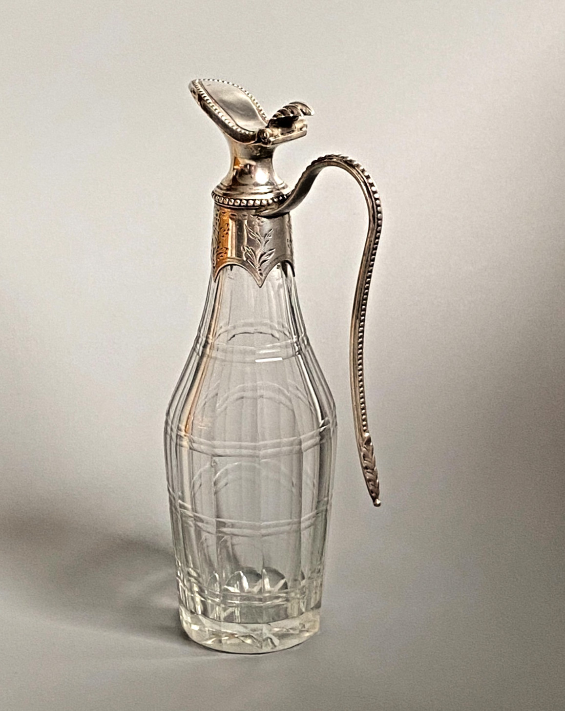 Antique c1790 Georgian Silver Mounted Cut Glass Oil Vinegar Cruet Bottle Jug Lid