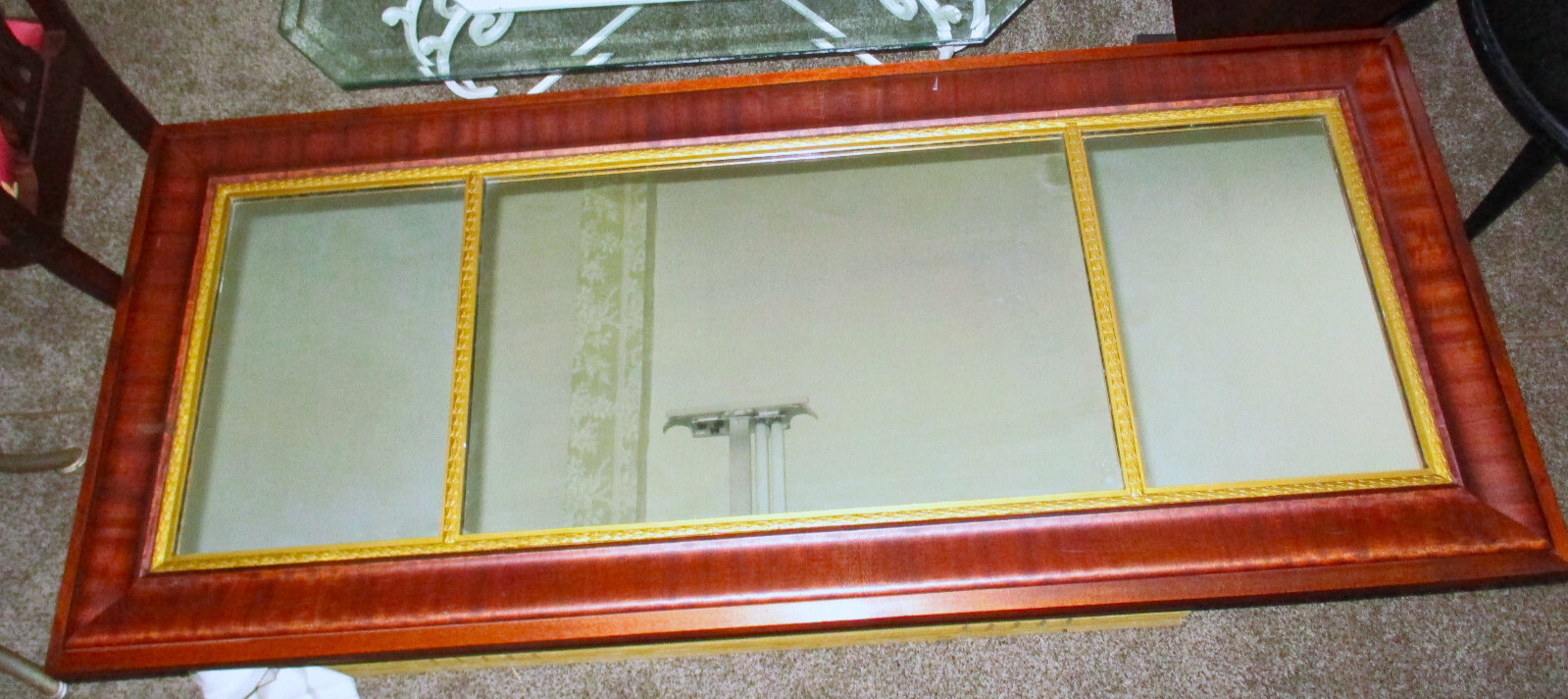 Magnifcent Antique HUGE French Empire Mahogany & Gold Interior Mantle Mirror 62″