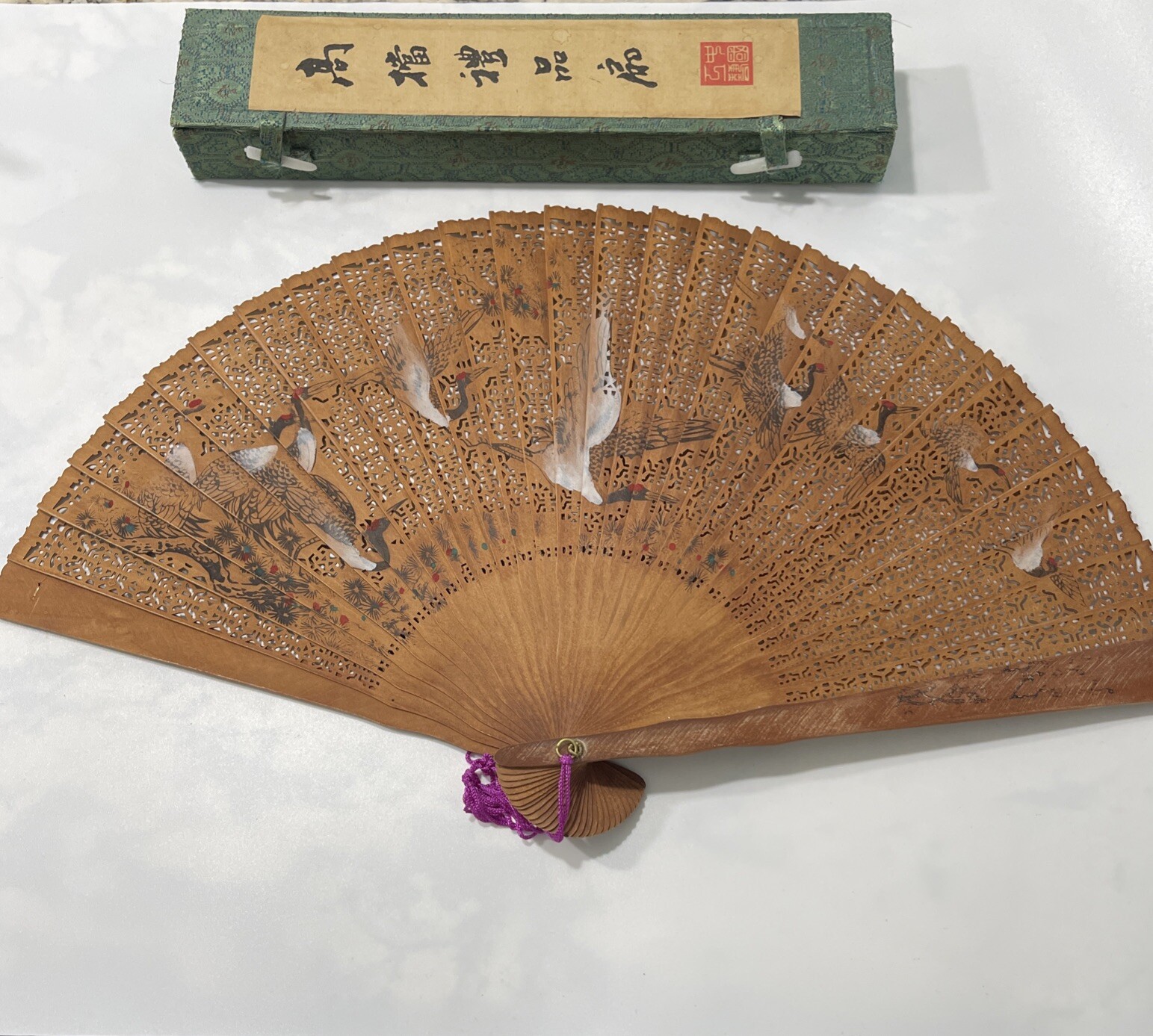Chinese Wood Folding Hand Fan Vintage Sensu Wooden Carving Crane in Box
