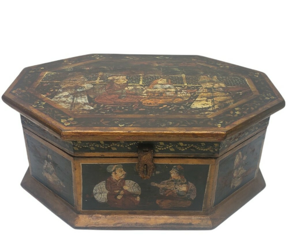 Antique Wooden Box India Handpainted Large Indian Mughal Wooden Octagon Rare