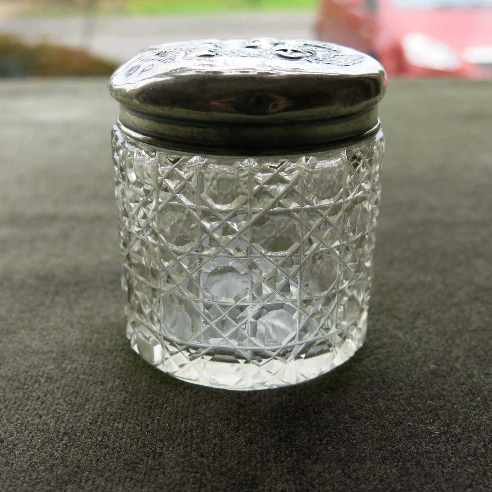 Antique Solid Silver And Cut Glass Vanity Jar Pot Chester 1906 Reynolds Angels