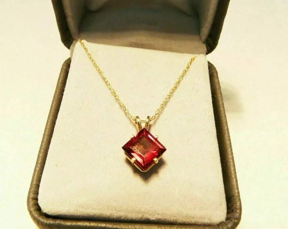 1Ct Princess Lab Created Garnet Women’s Solitaire Pendant 14K Yellow Gold Plated