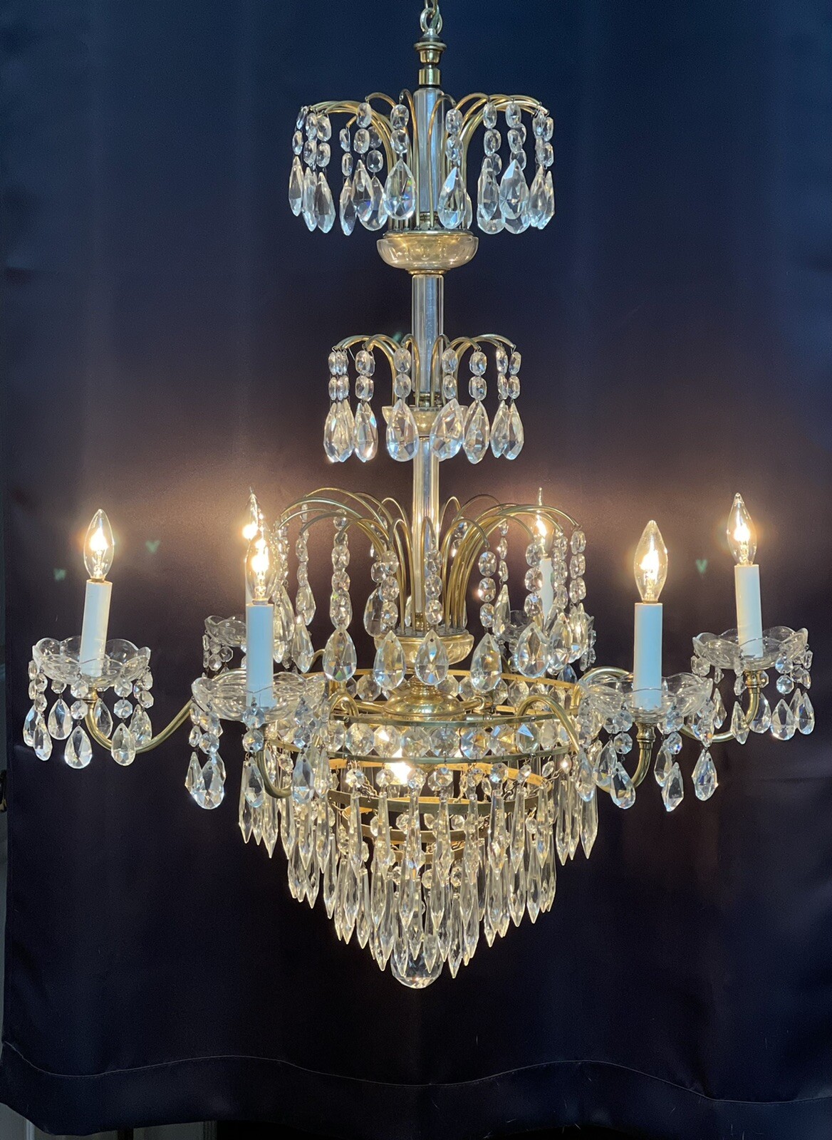 Vintage French Crystal Wedding Cake Tier Waterfall Chandelier Gasolier Style