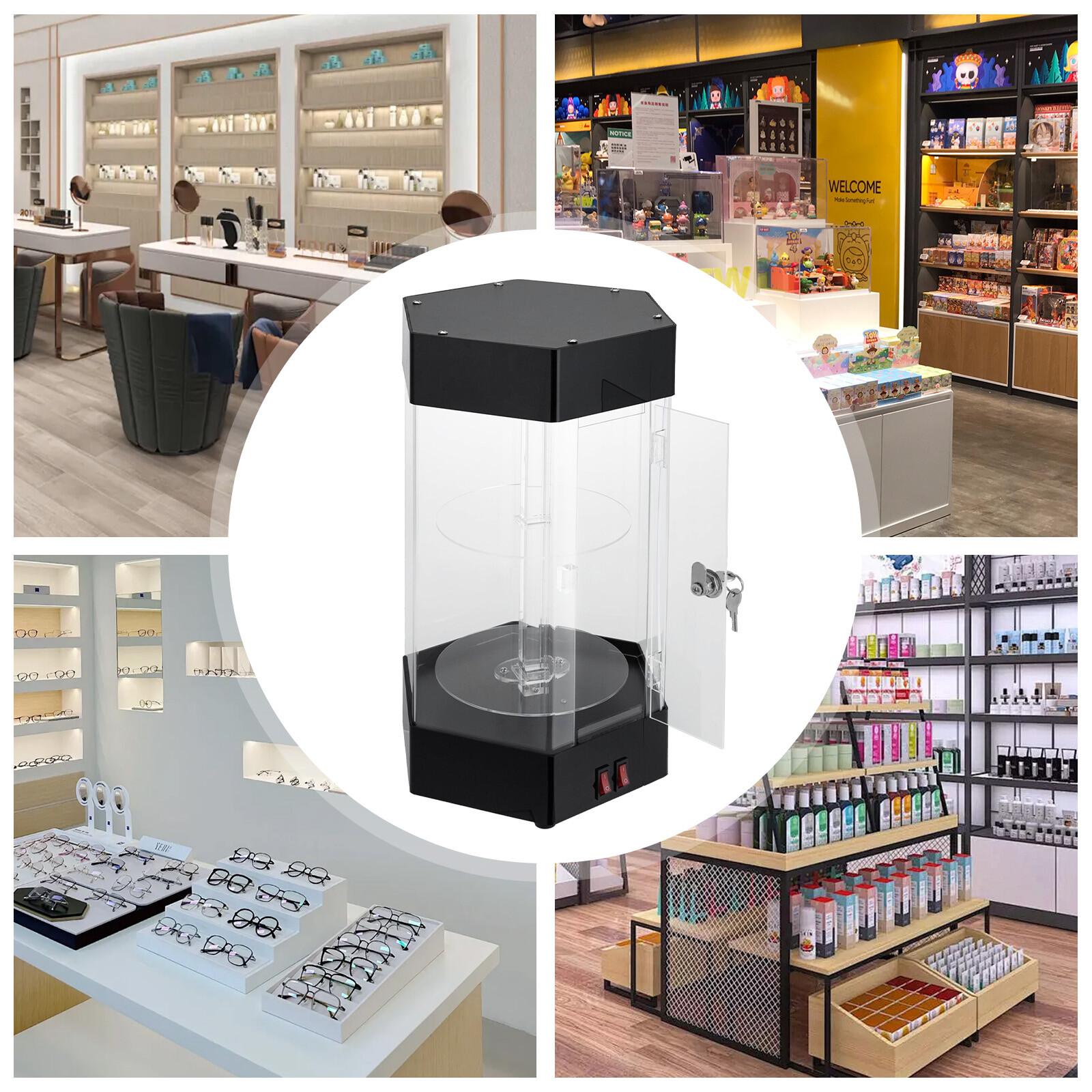Electric Hexagonal Display Case with LED Lights and 360?? Rotation
