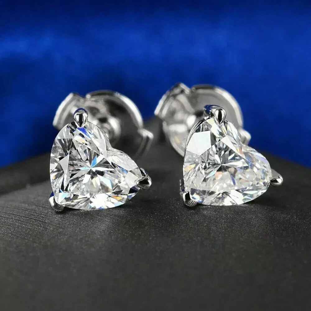 Heart Cut 2Ct Lab-Created Diamond Solitaire Stud Earrings 14K White Gold Plated