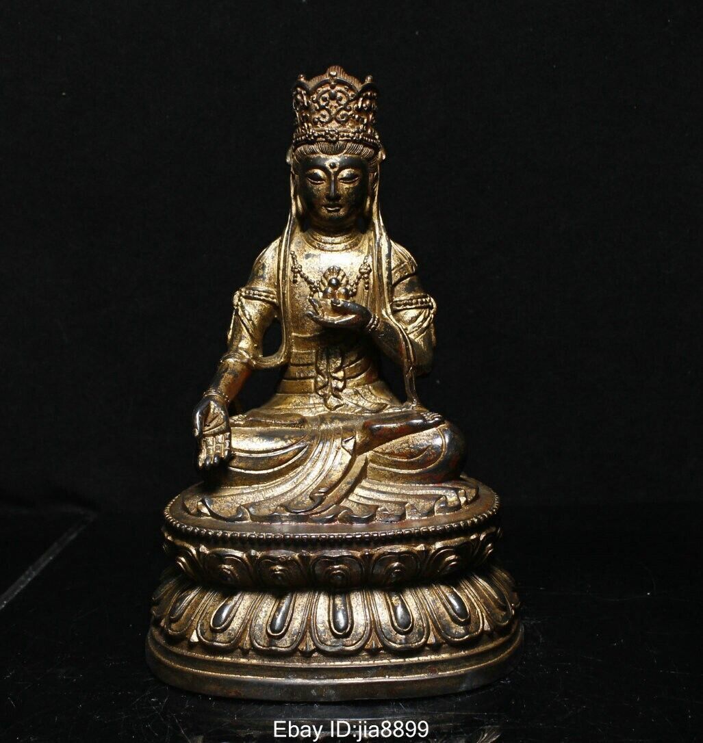 9.2″ Old Chinese Tibet Buddhism Bronze Gild Seat Louts Kwan-yin Guan Yin Statue