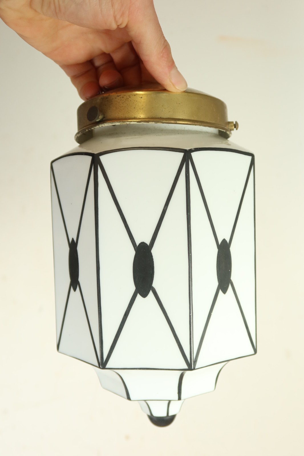 Art Deco 1930s Pendant Light Geometric Opaline Glass Milk Shade Brass Gallery