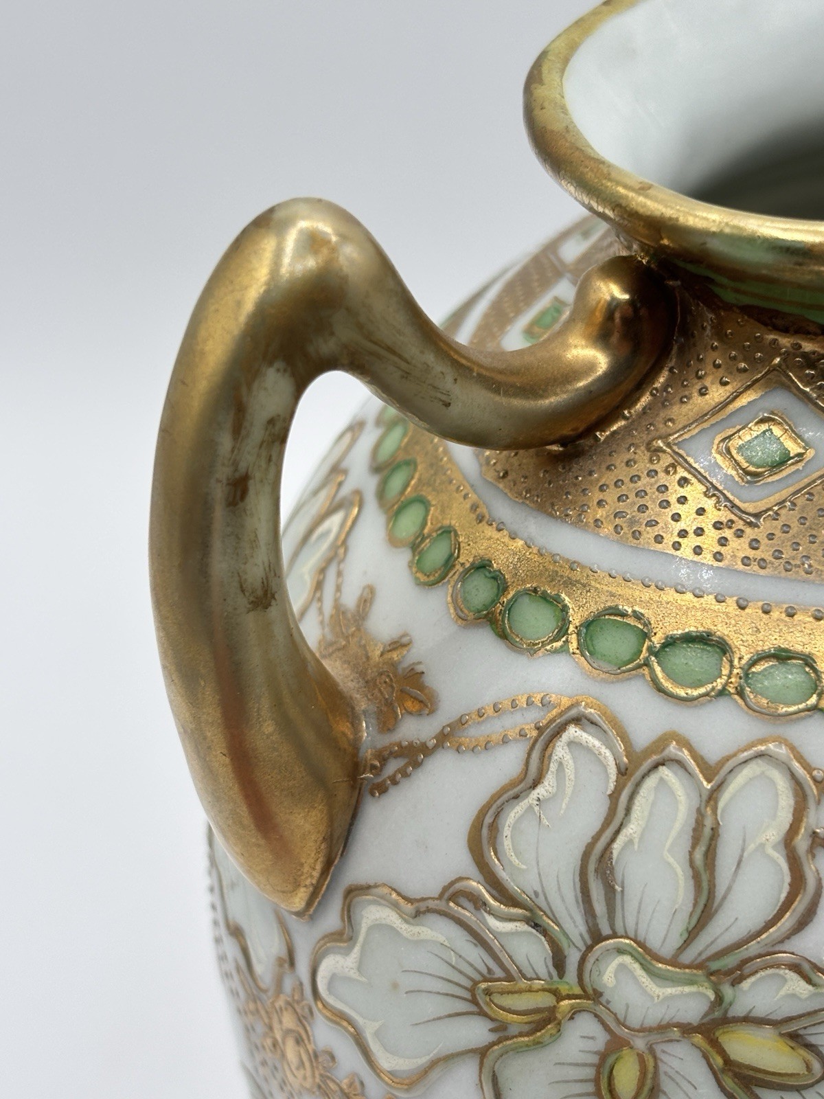 Antique Japan I & E C Co Moriage Handled HP Vase Irises Gold Art Nouveau