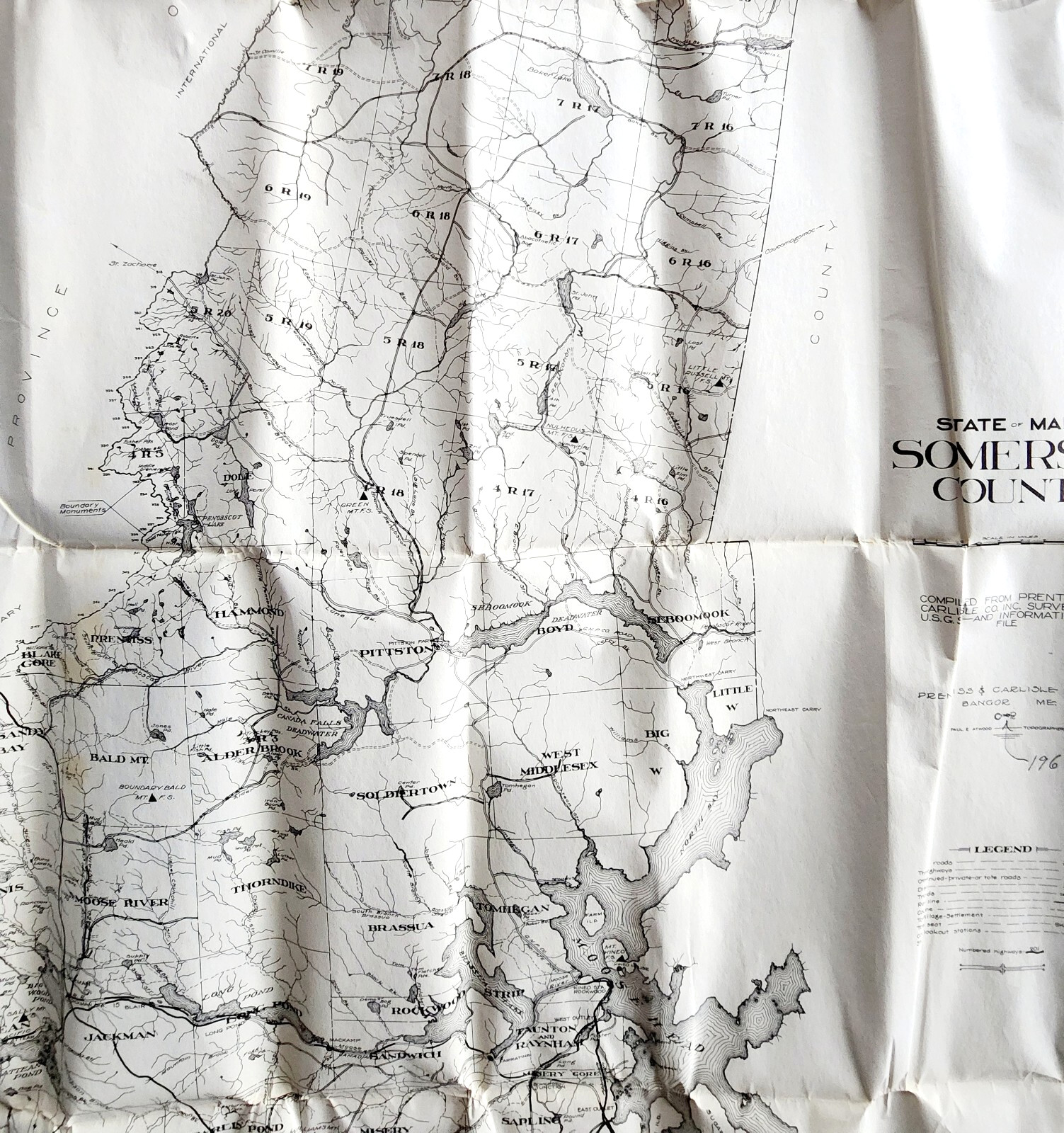 1969 Somerset County Maine Official Map w/ Original Envelope 50″ x 26″ F8C
